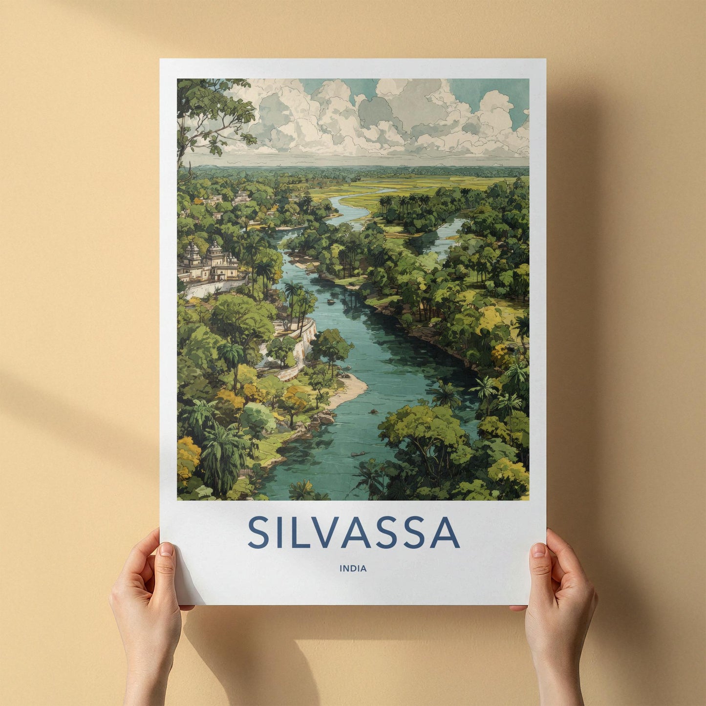 Silvassa Poster - India Travel Art - Dadra And Nagar Haveli Winding River Temple Home Decor