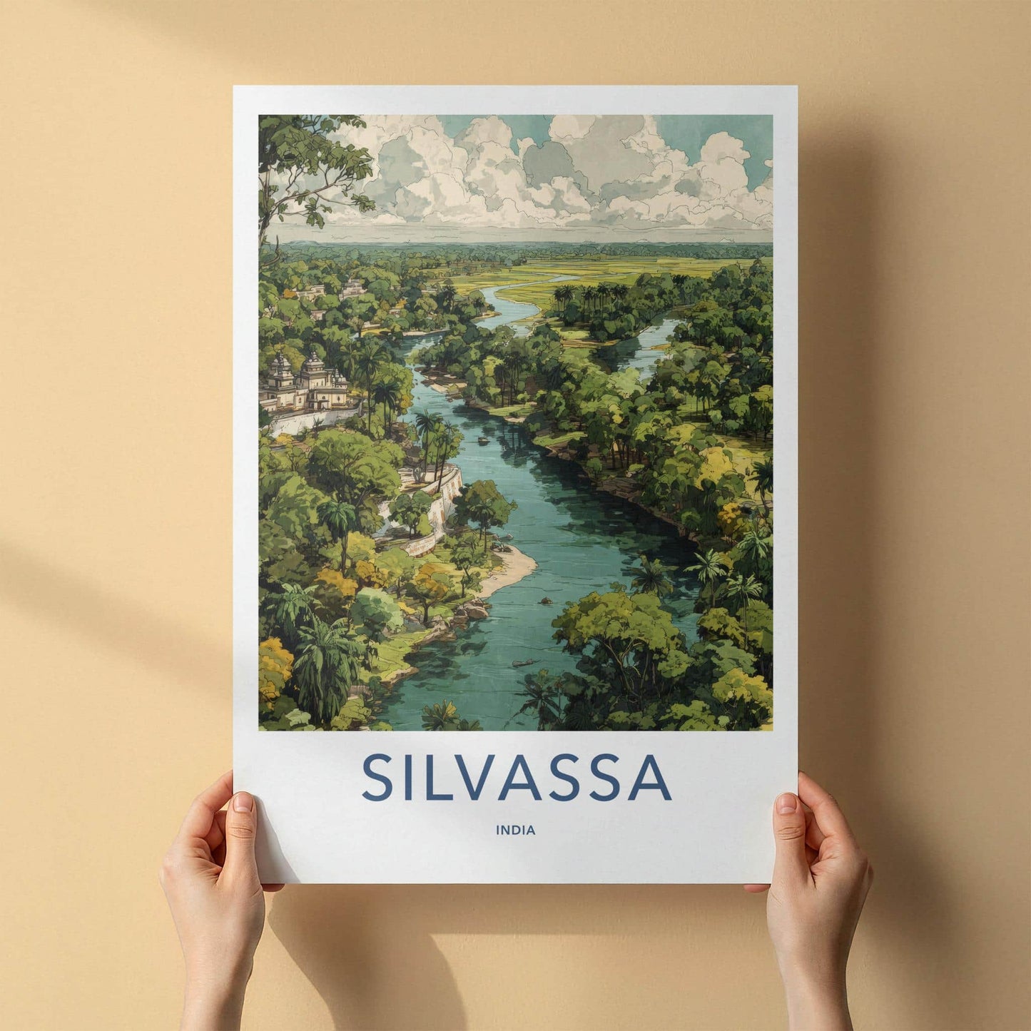 Silvassa Poster - India Travel Art - Dadra And Nagar Haveli Winding River Temple Home Decor