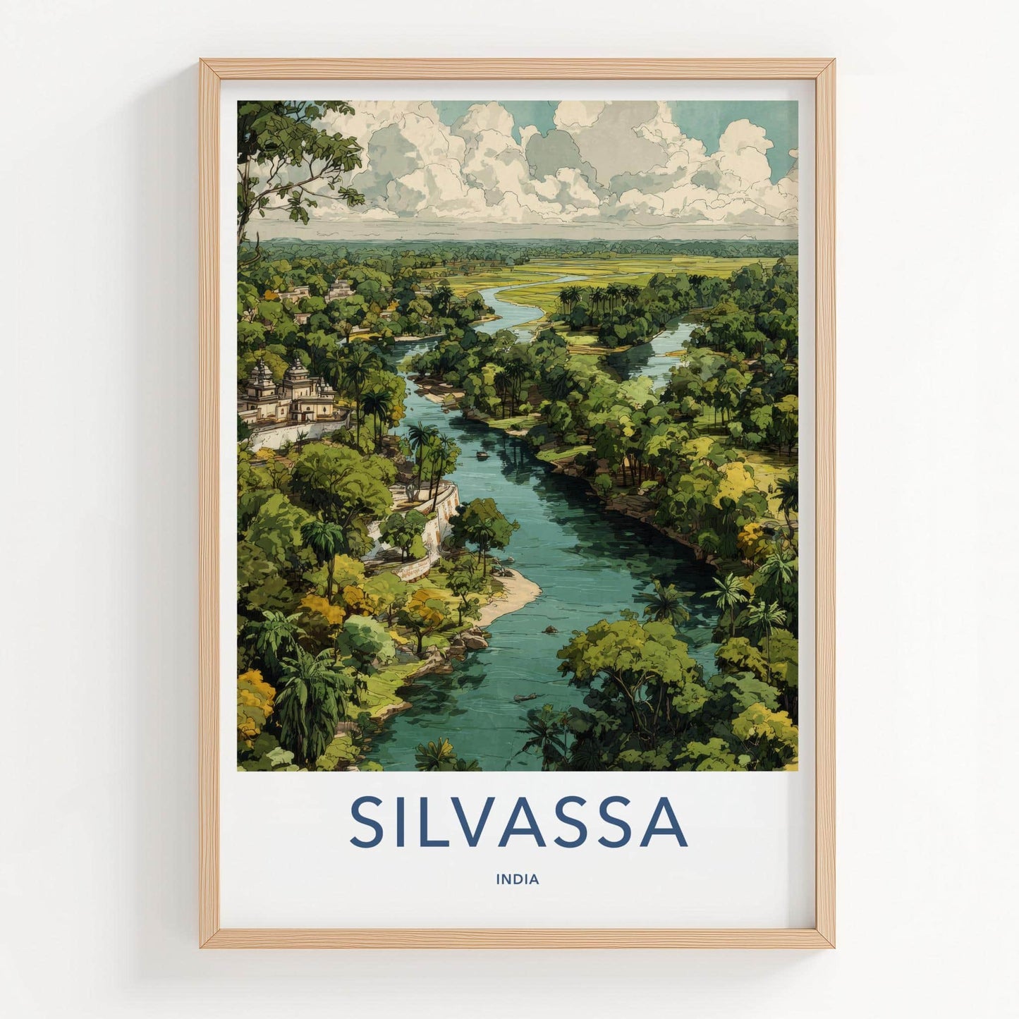 Silvassa Poster - India Travel Art - Dadra And Nagar Haveli Winding River Temple Home Decor