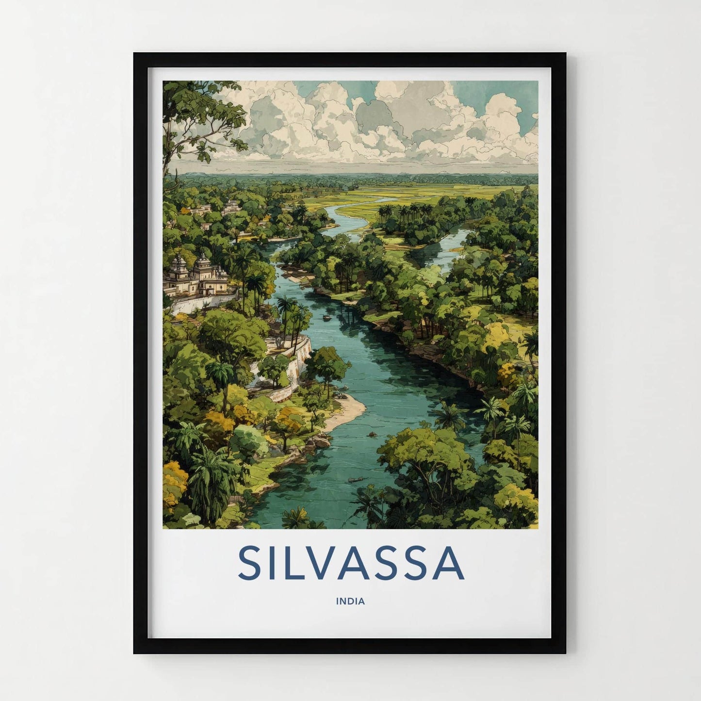 Silvassa Poster - India Travel Art - Dadra And Nagar Haveli Winding River Temple Home Decor