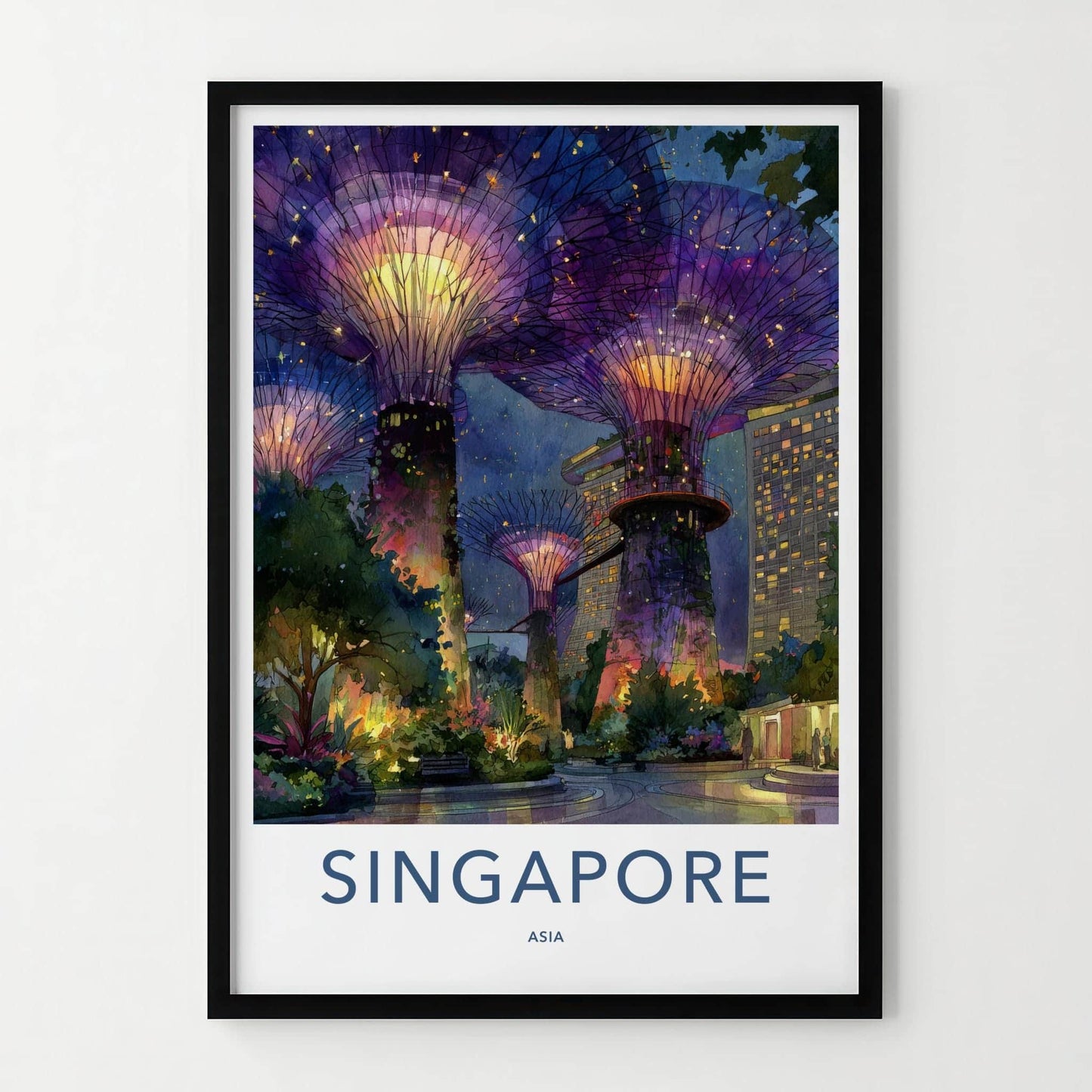 Singapore Poster - Singapore Travel Art - Supertrees Gardens Night Wall Decor
