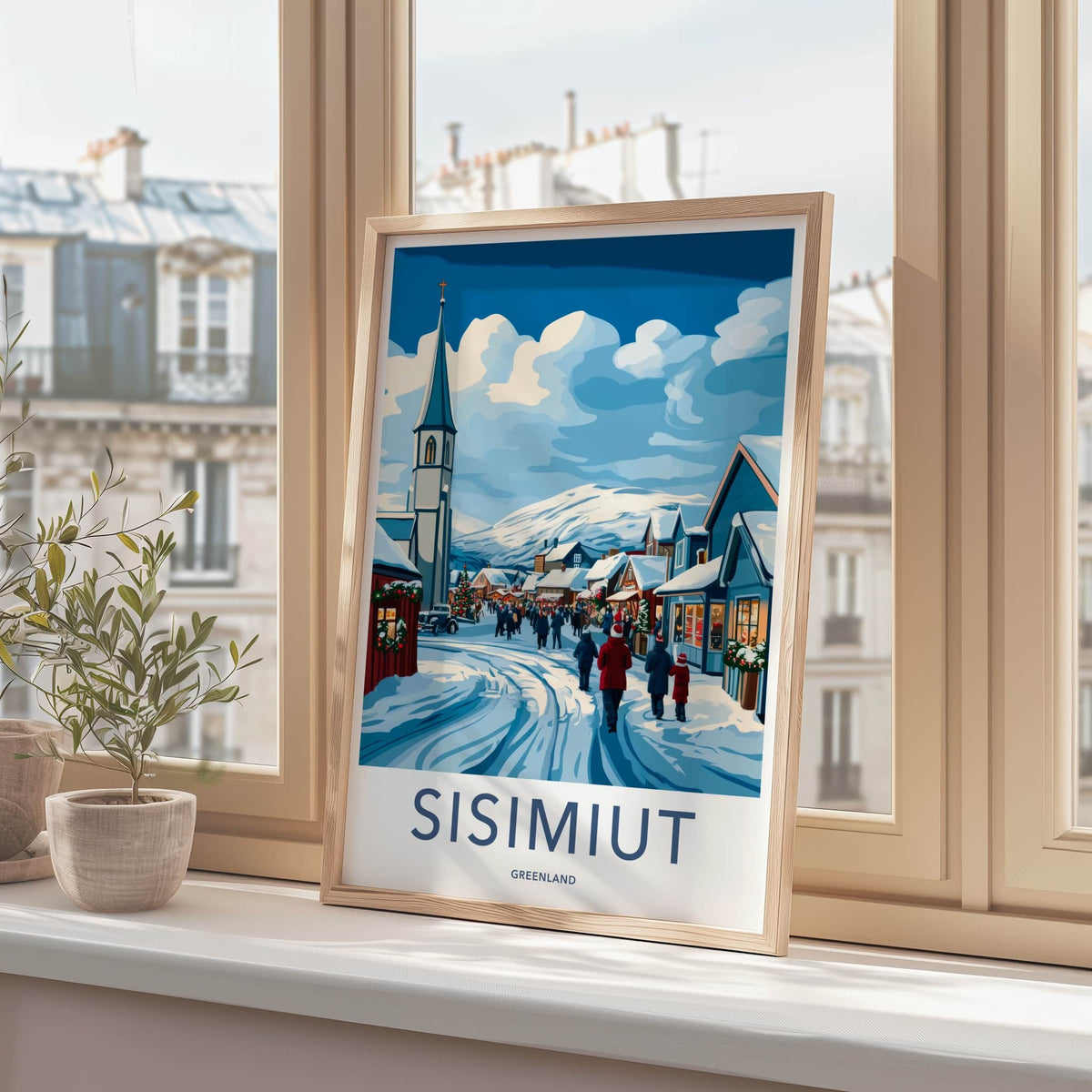 Sisimiut Poster - Greenland Travel Art - Festive Snowy Town Home Decor