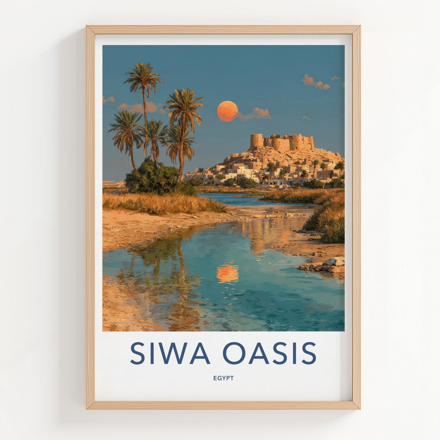 Siwa Oasis Poster - Egypt Travel Art - Palm Moon Reflection Home Decor