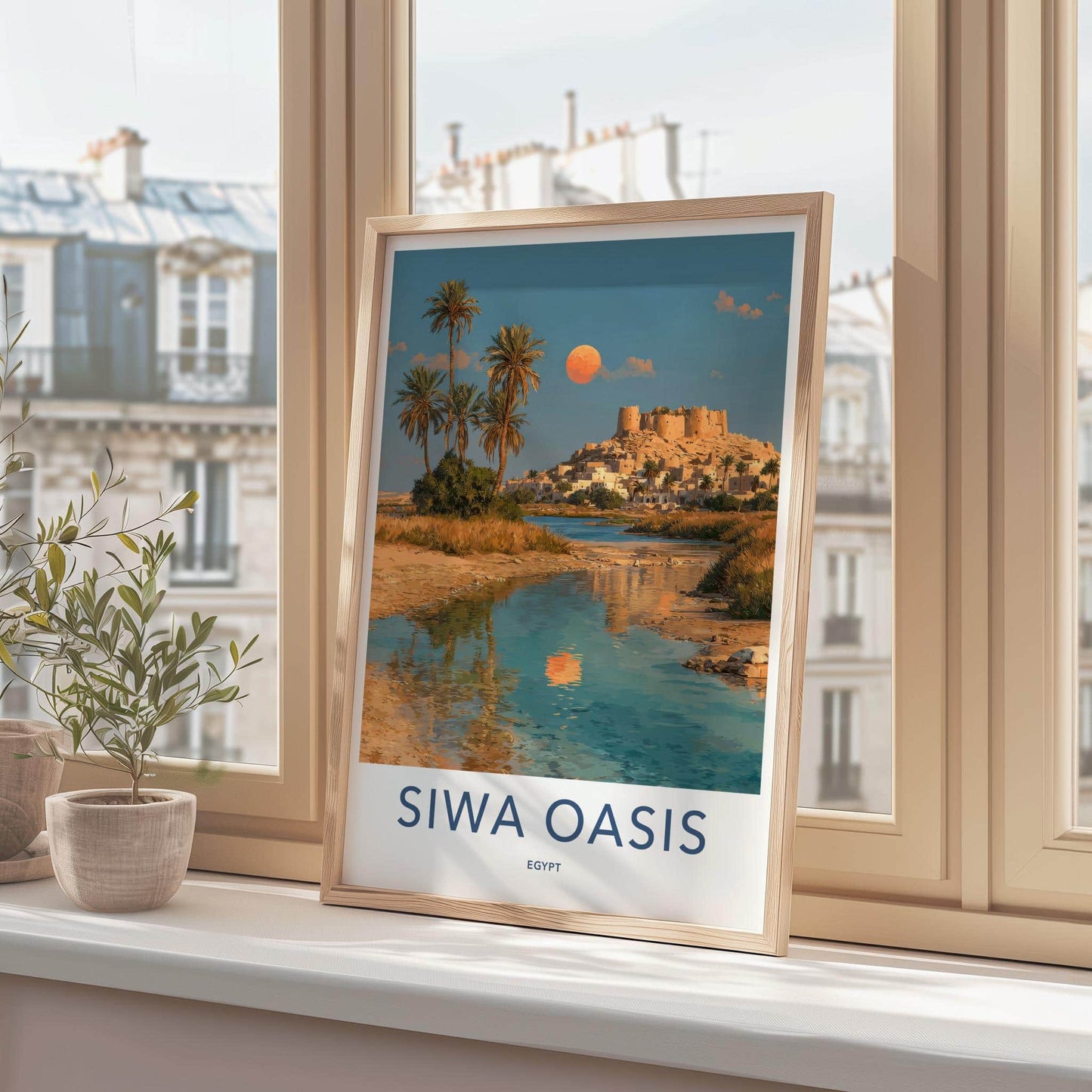 Siwa Oasis Poster - Egypt Travel Art - Palm Moon Reflection Home Decor