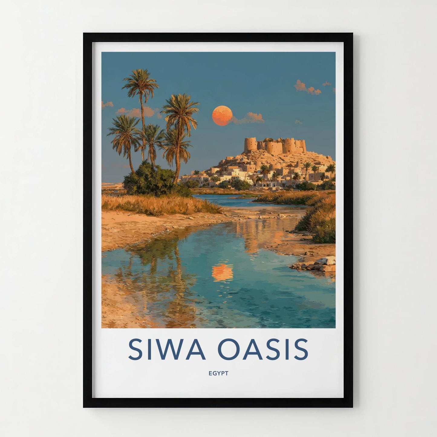 Siwa Oasis Poster - Egypt Travel Art - Palm Moon Reflection Home Decor
