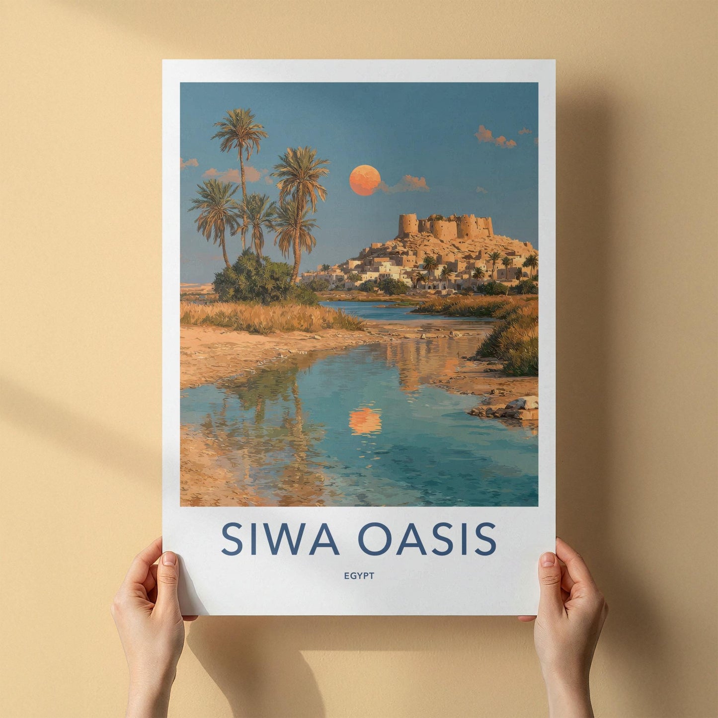 Siwa Oasis Poster - Egypt Travel Art - Palm Moon Reflection Home Decor