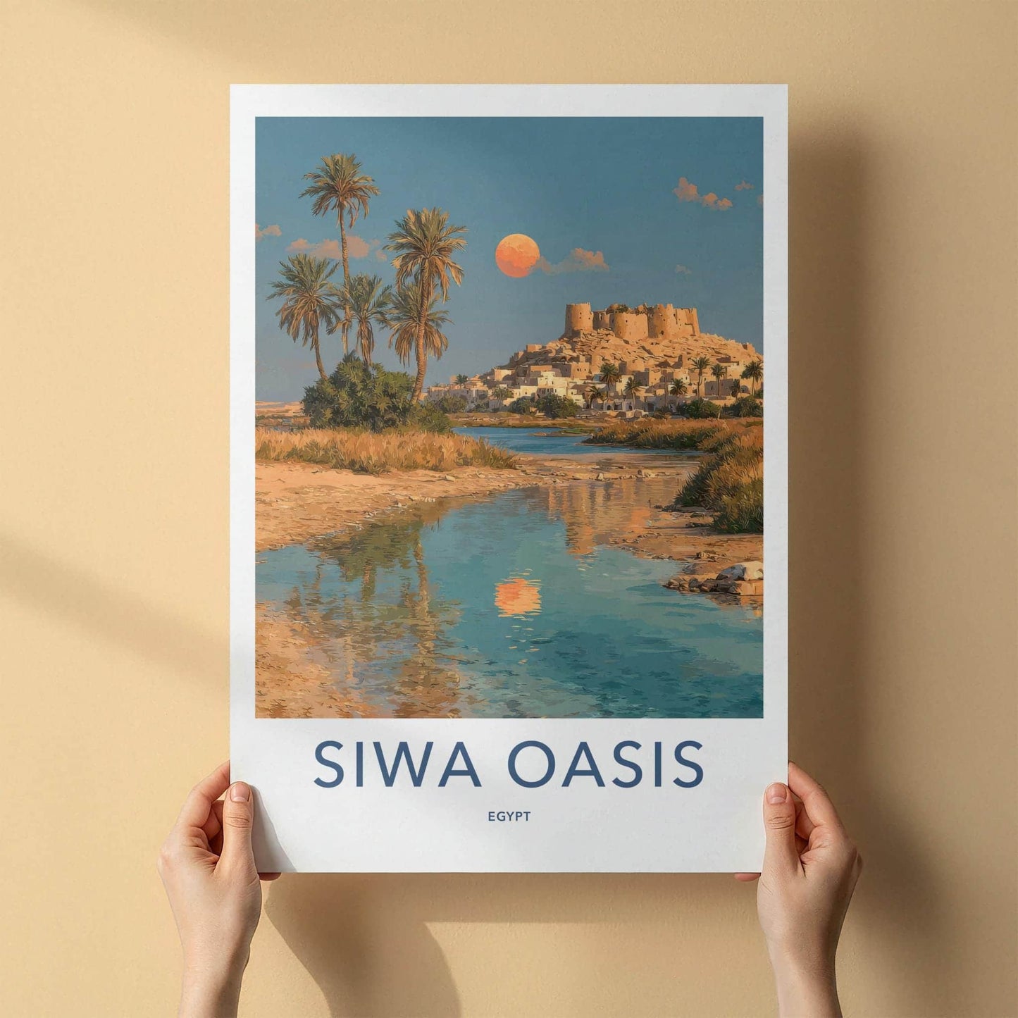 Siwa Oasis Poster - Egypt Travel Art - Palm Moon Reflection Home Decor