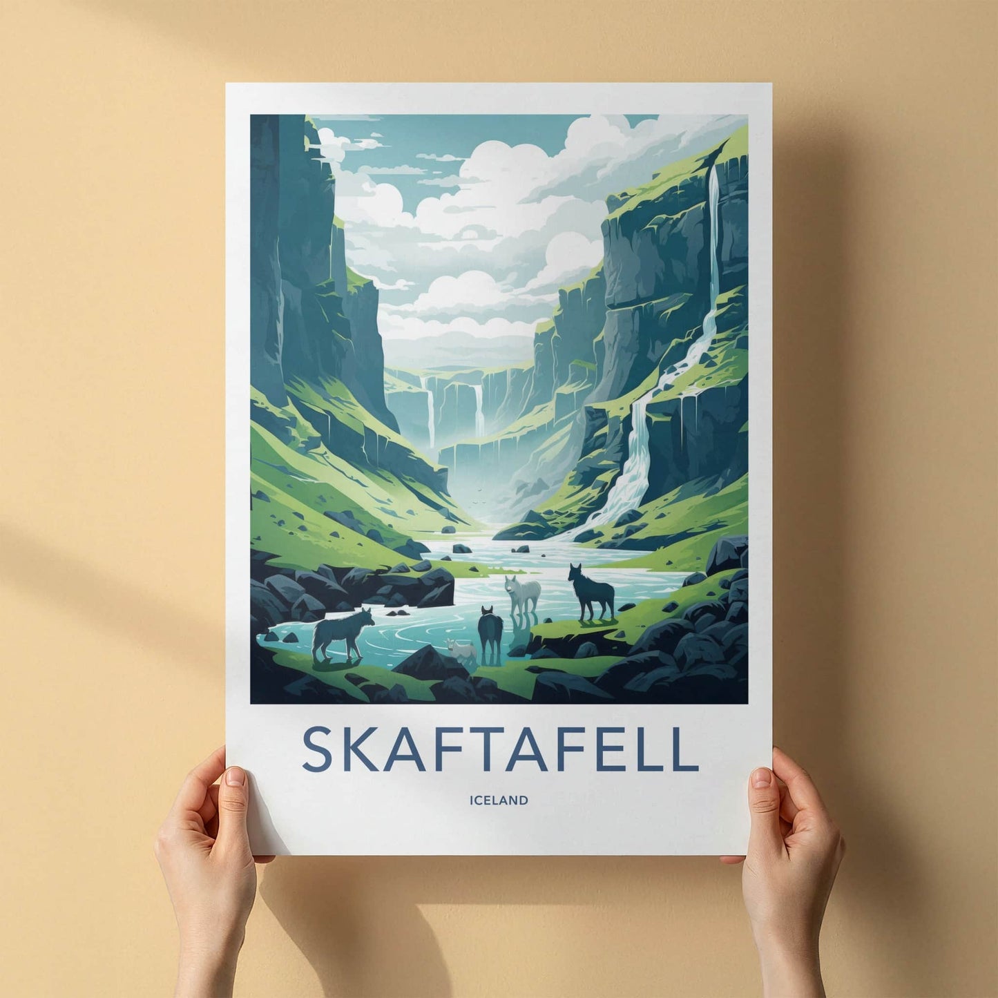 Skaftafell Poster - Iceland Travel Art - Green Valley Waterfalls Lounge Decor