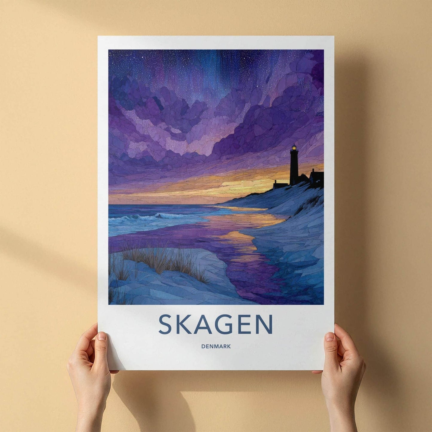 Skagen Poster - Denmark Travel Art - Lighthouse Beach Sunset Home Decor
