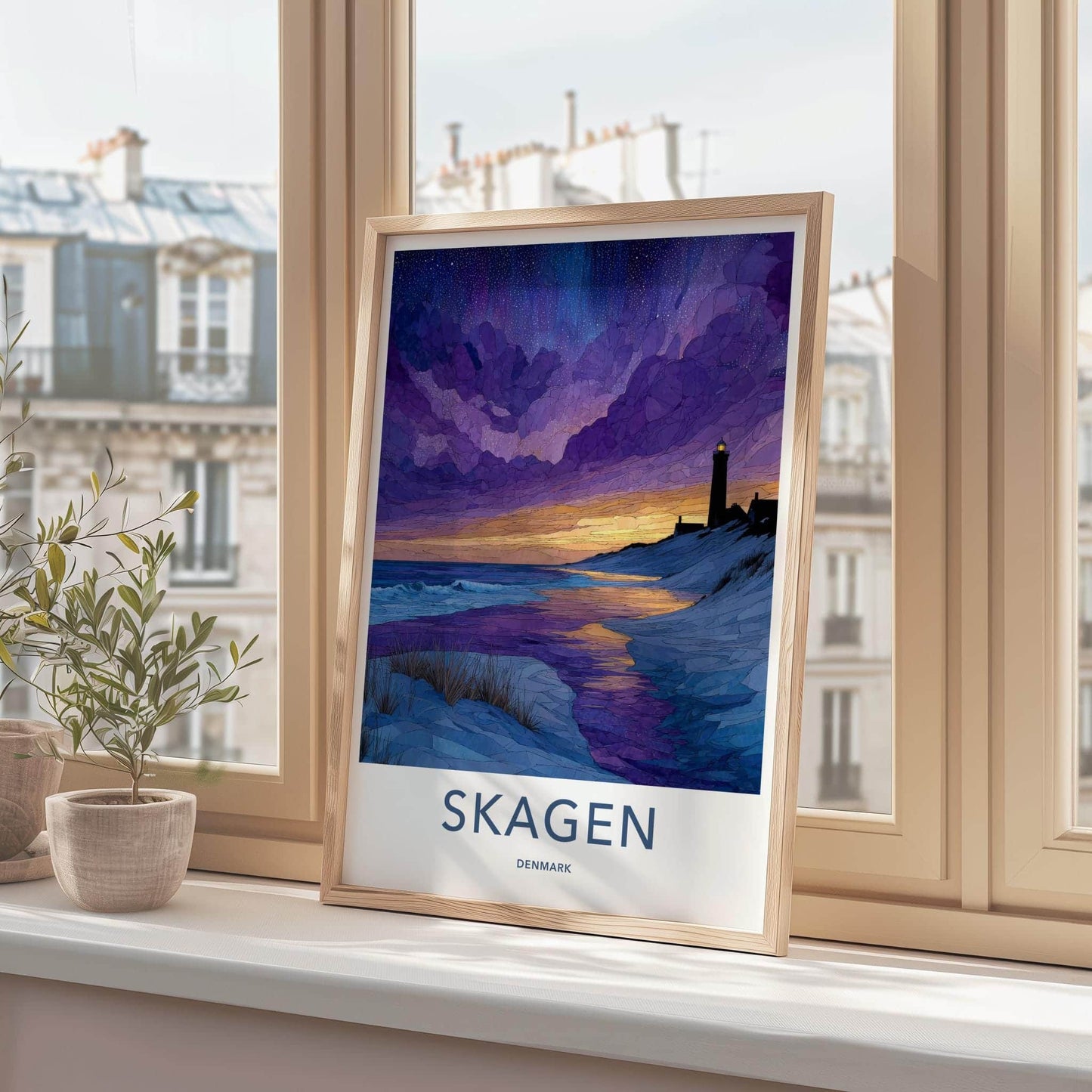 Skagen Poster - Denmark Travel Art - Lighthouse Beach Sunset Home Decor