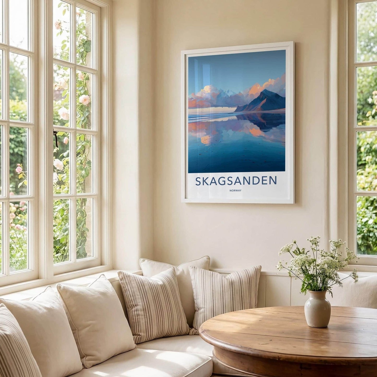 Skagsanden Poster - Norway Travel Art - Mountain Water Reflection Wall Decor