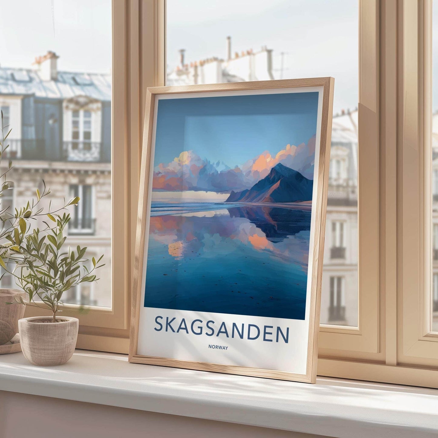 Skagsanden Poster - Norway Travel Art - Mountain Water Reflection Wall Decor