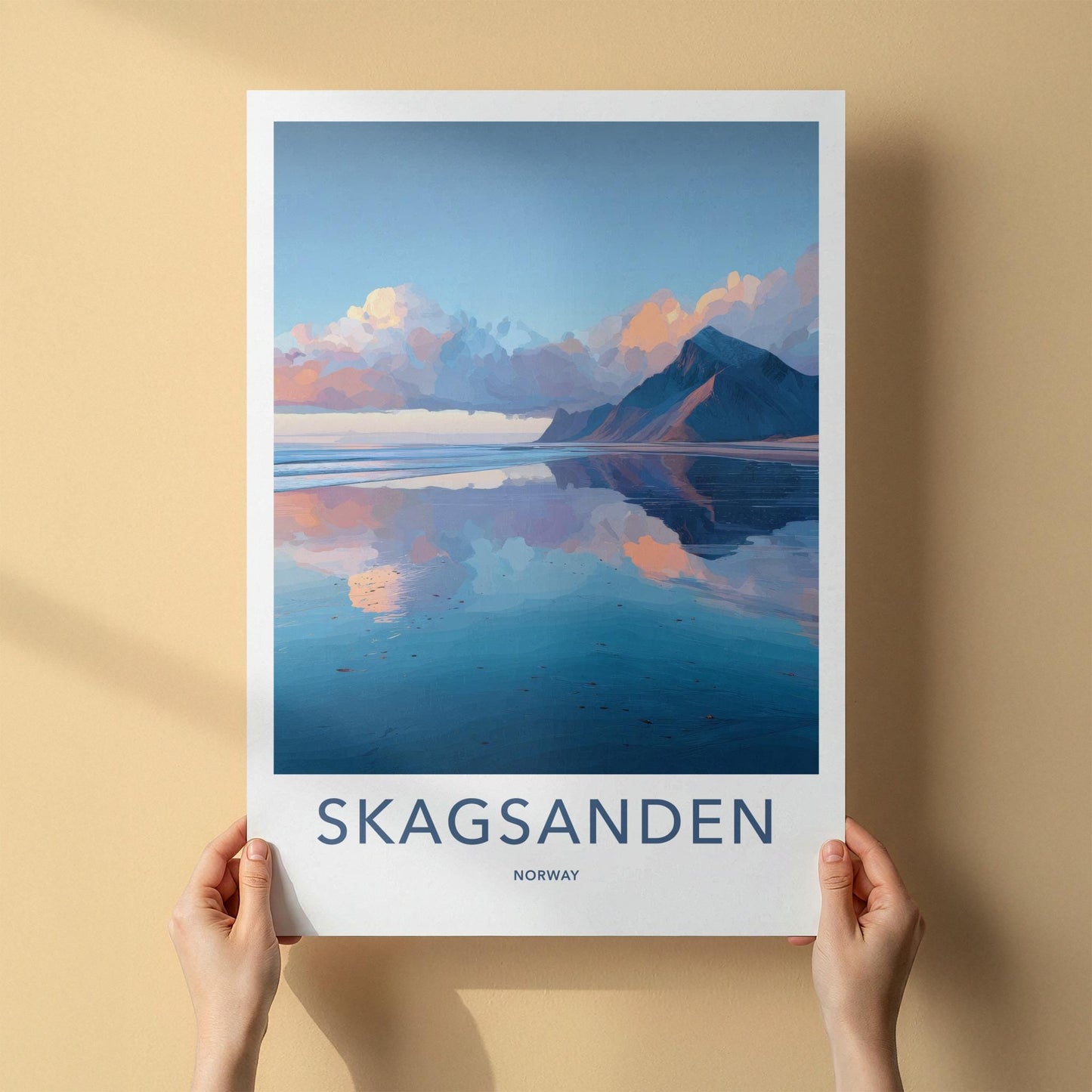 Skagsanden Poster - Norway Travel Art - Mountain Water Reflection Wall Decor