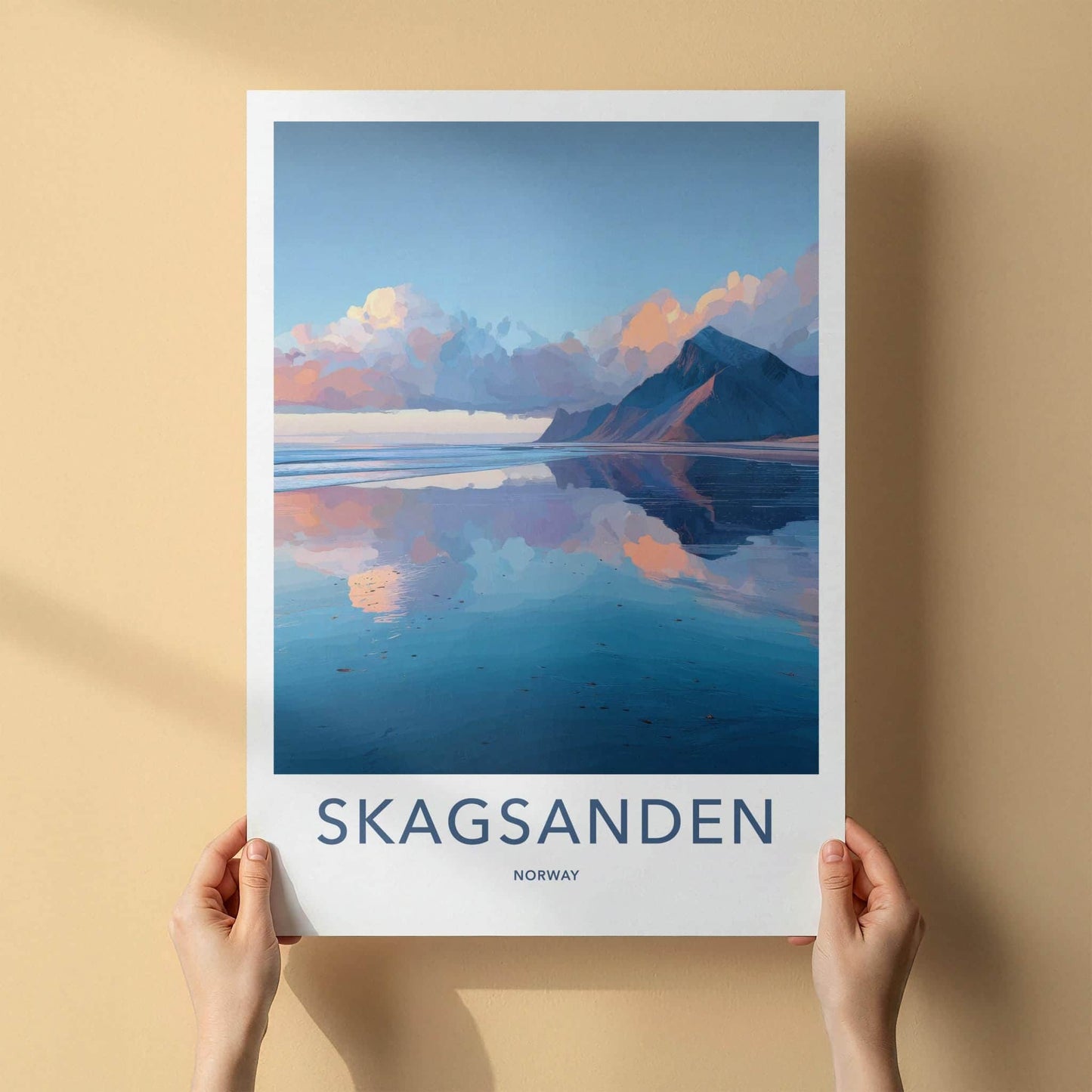 Skagsanden Poster - Norway Travel Art - Mountain Water Reflection Wall Decor