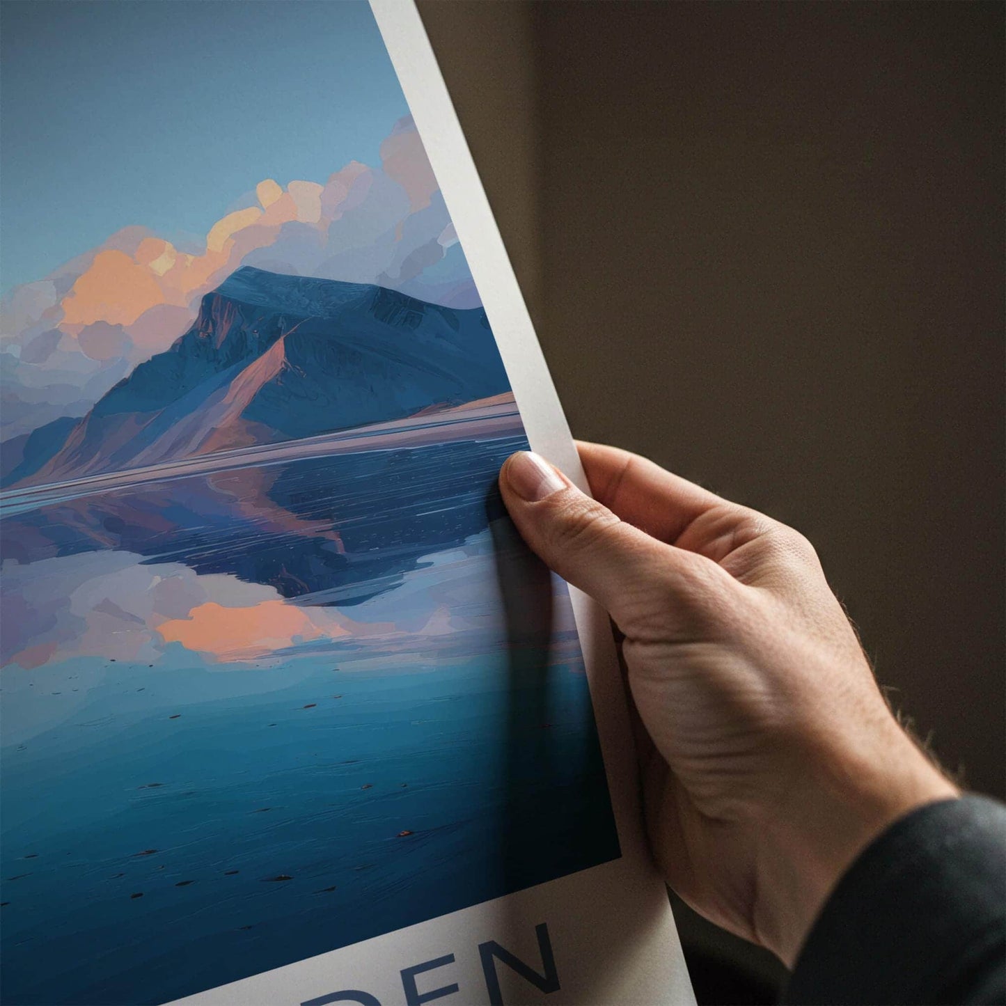 Skagsanden Poster - Norway Travel Art - Mountain Water Reflection Wall Decor