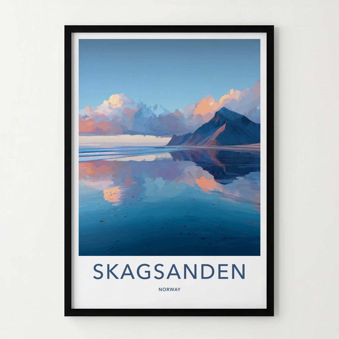 Skagsanden Poster - Norway Travel Art - Mountain Water Reflection Wall Decor