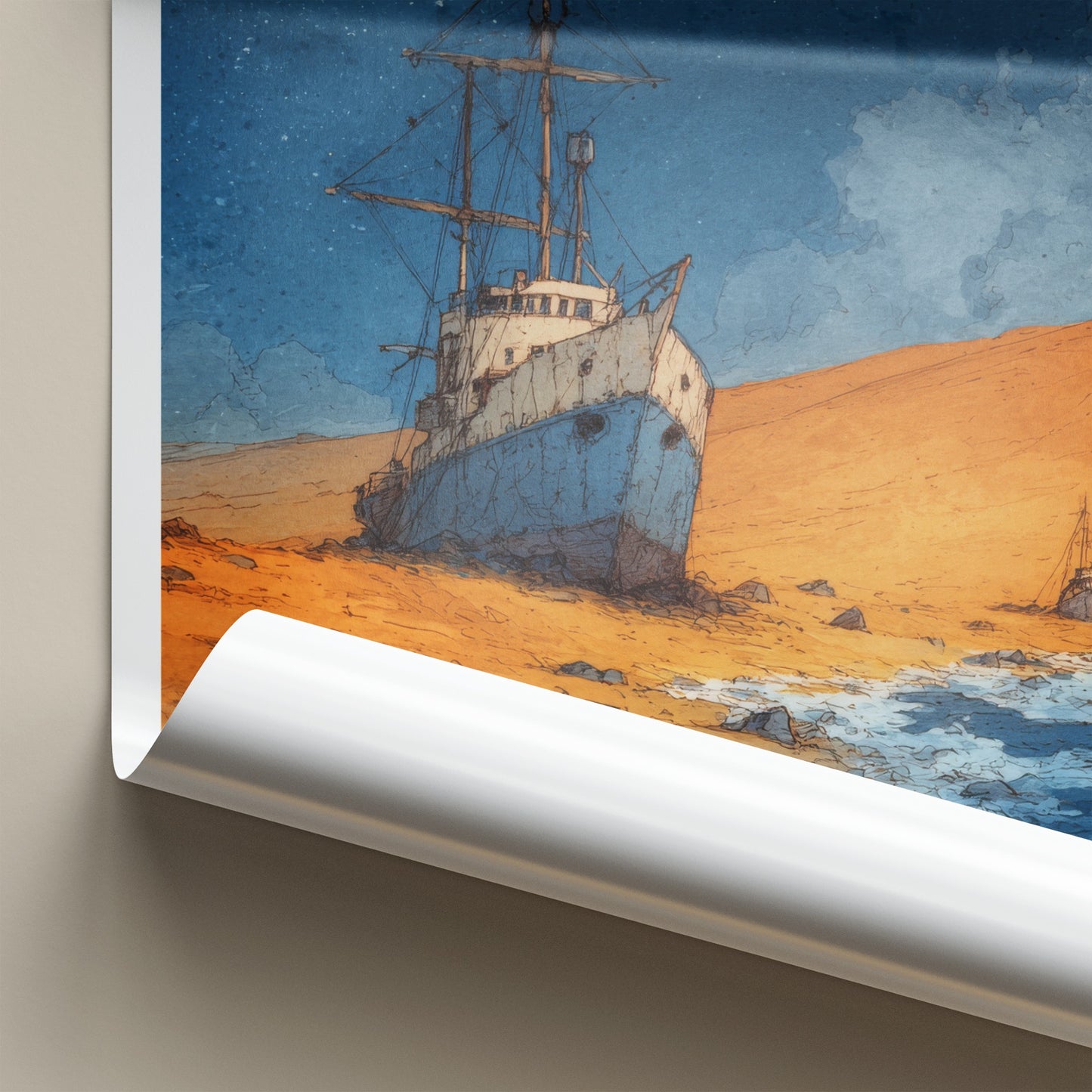 Skeleton Coast Poster - Africa Travel Print - Full Moon Shipwreck Gallery Art