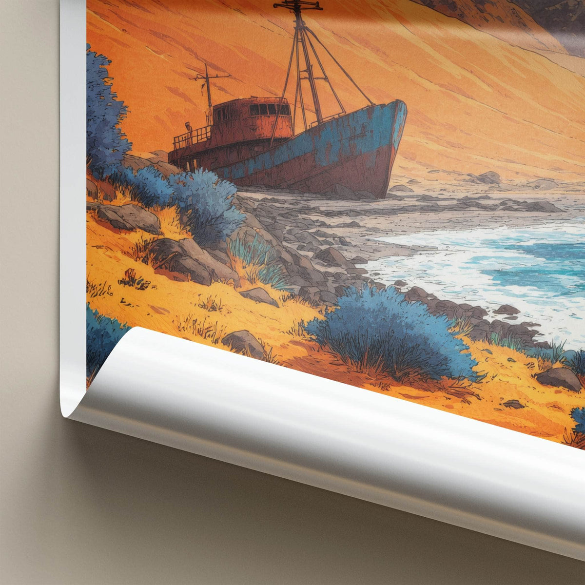 Skeleton Coast Poster - Namibia Travel Art - Rusted Shipwreck Shore Home Decor