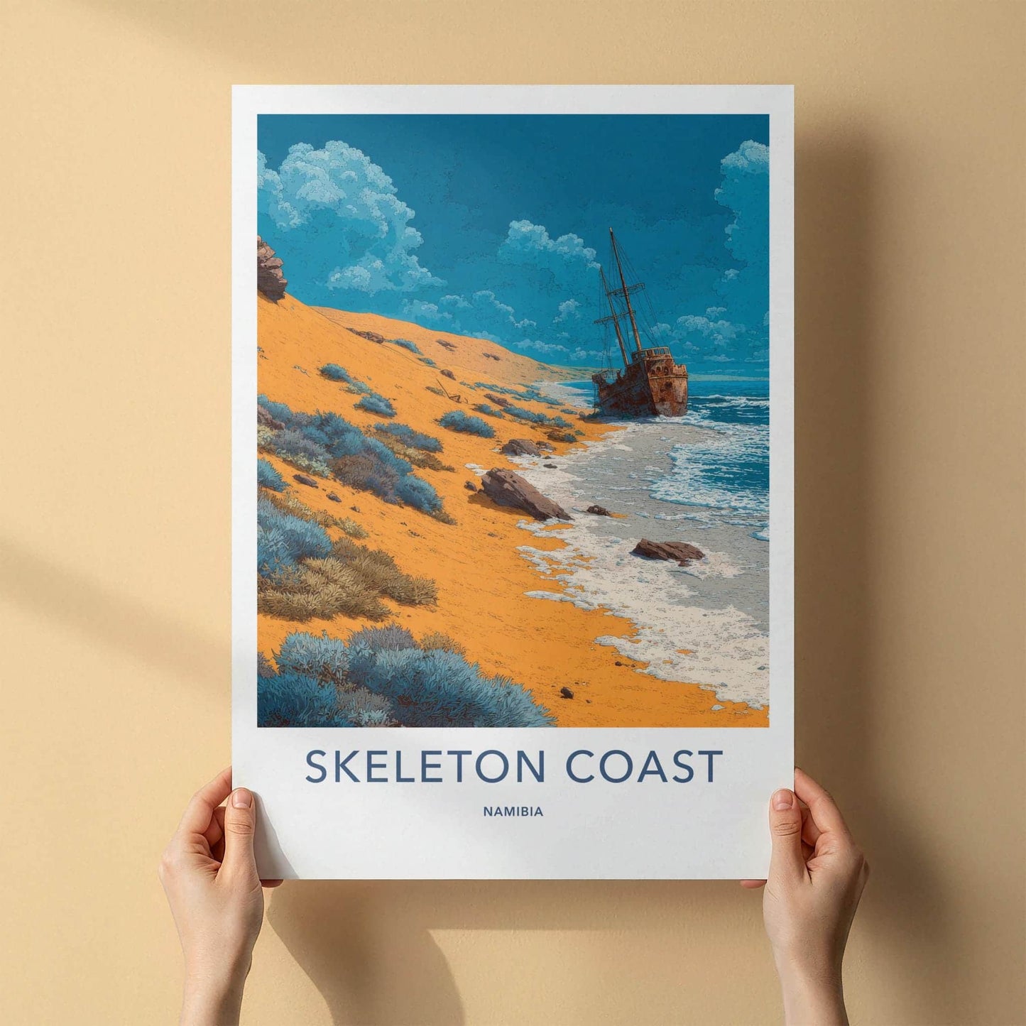 Skeleton Coast Poster - Namibia Travel Art - Rusty Ship Desert Home Decor