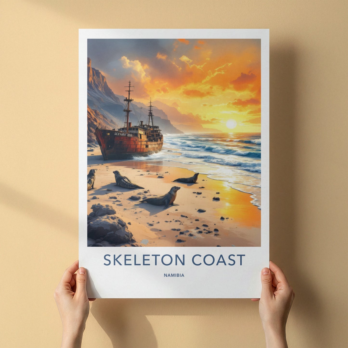 Skeleton Coast Poster - Namibia Travel Art - Rusty Shipwreck Beach Home Decor