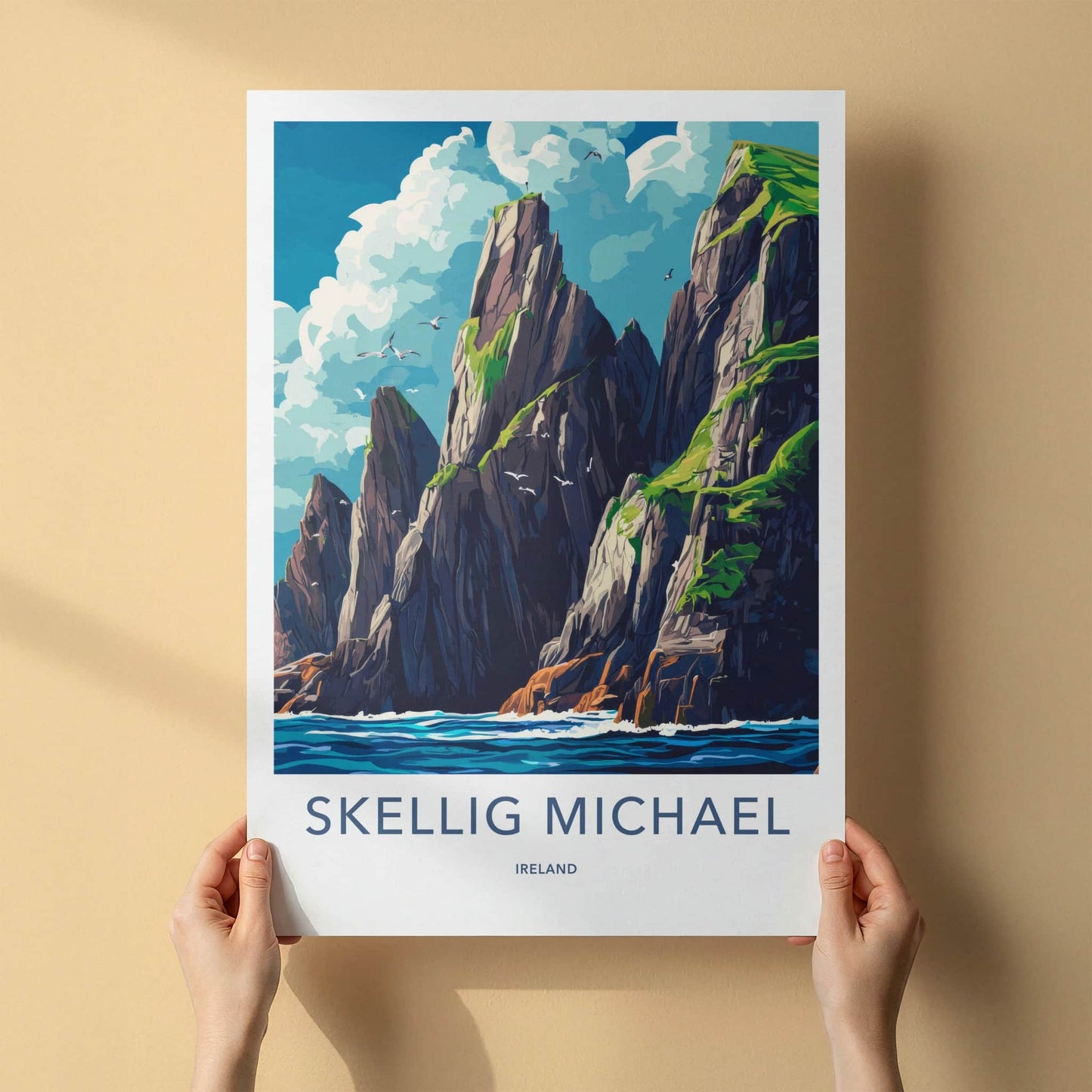 Skellig Michael Poster - Ireland Travel Art - Oceanic Cliff Birds Wall Decor