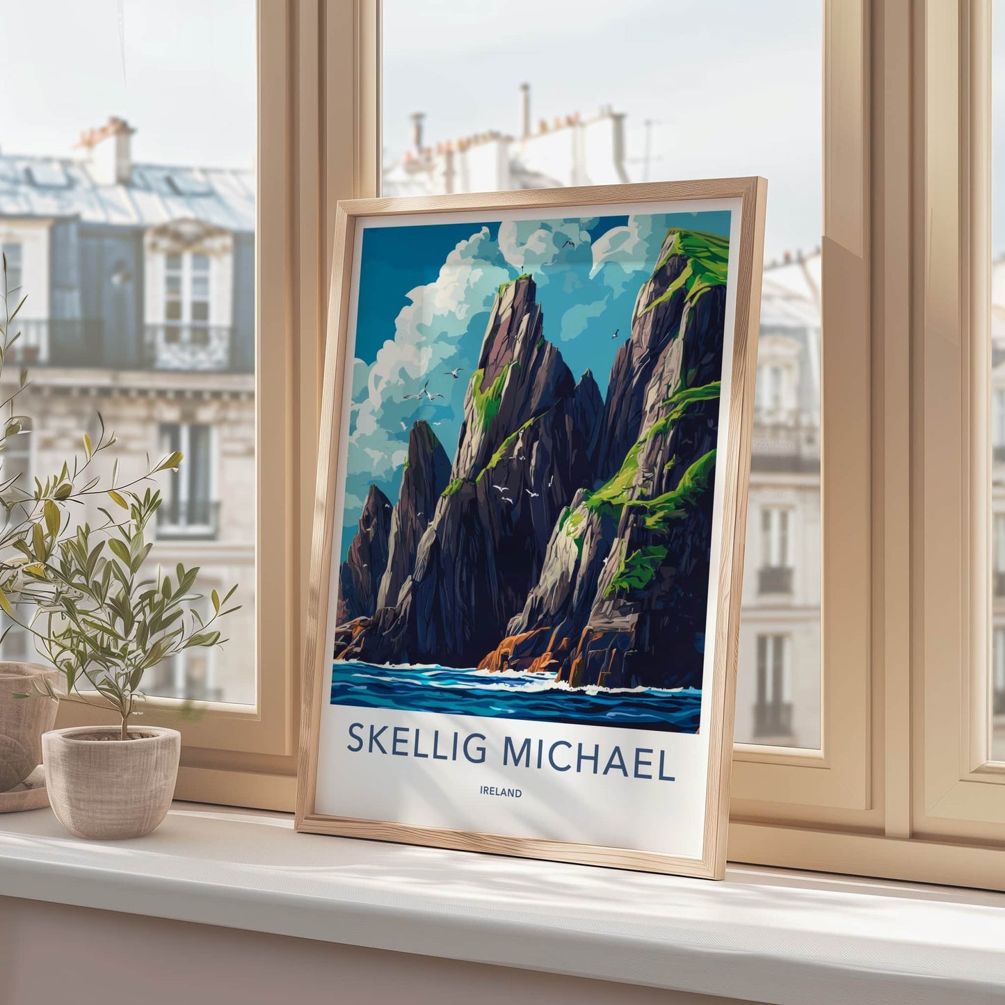 Skellig Michael Poster - Ireland Travel Art - Oceanic Cliff Birds Wall Decor