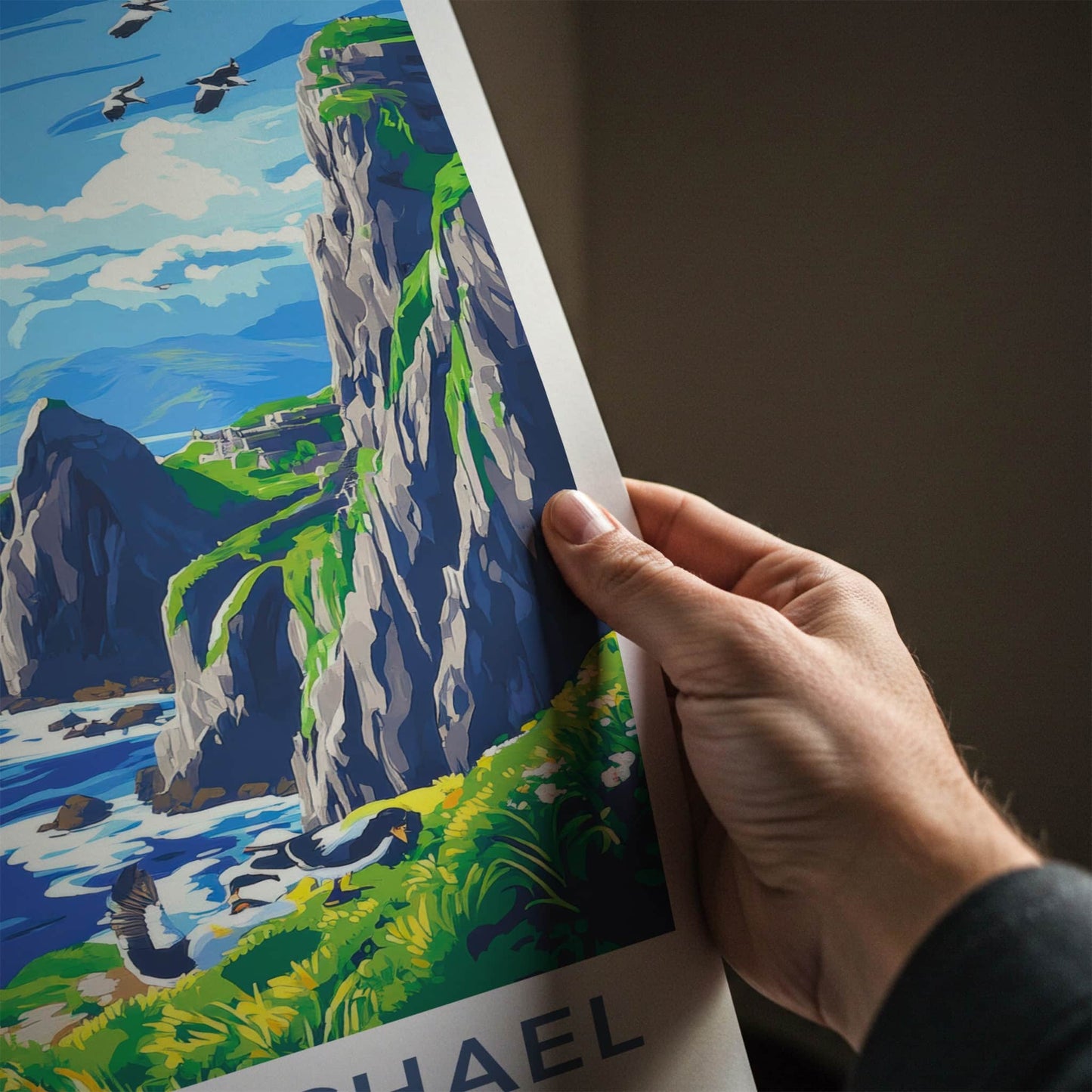 Skellig Michael Poster - Ireland Travel Art - Rugged Island Birds Home Decor