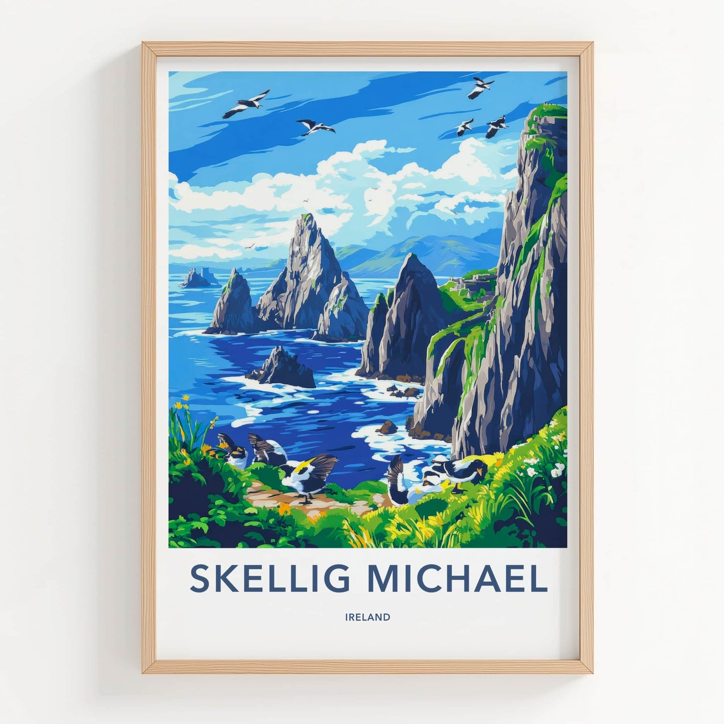 Skellig Michael Poster - Ireland Travel Art - Rugged Island Birds Home Decor