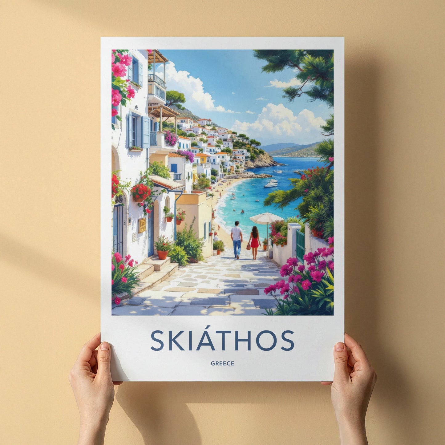 Skiathos Poster - Greece Travel Art - Couple Beachside Mediterranean Home Decor