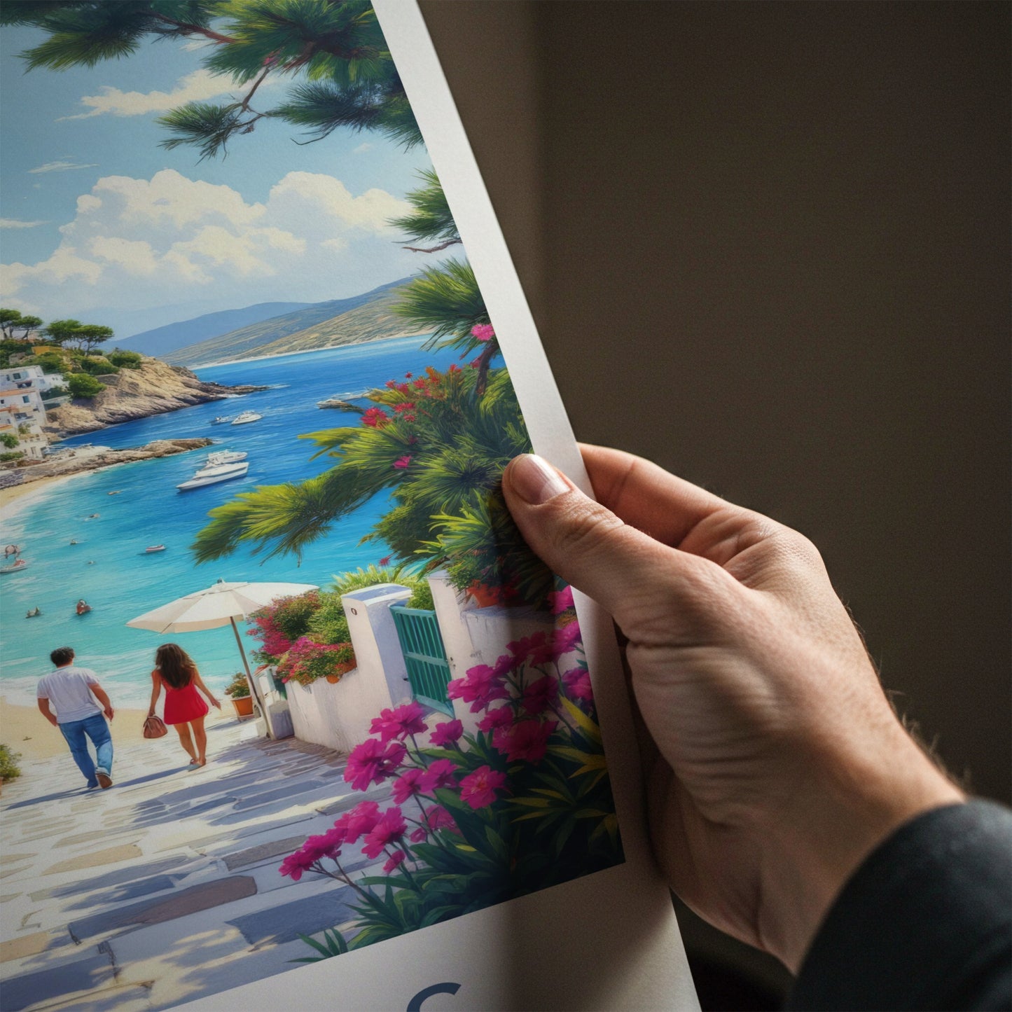 Skiathos Poster - Greece Travel Art - Couple Beachside Mediterranean Home Decor