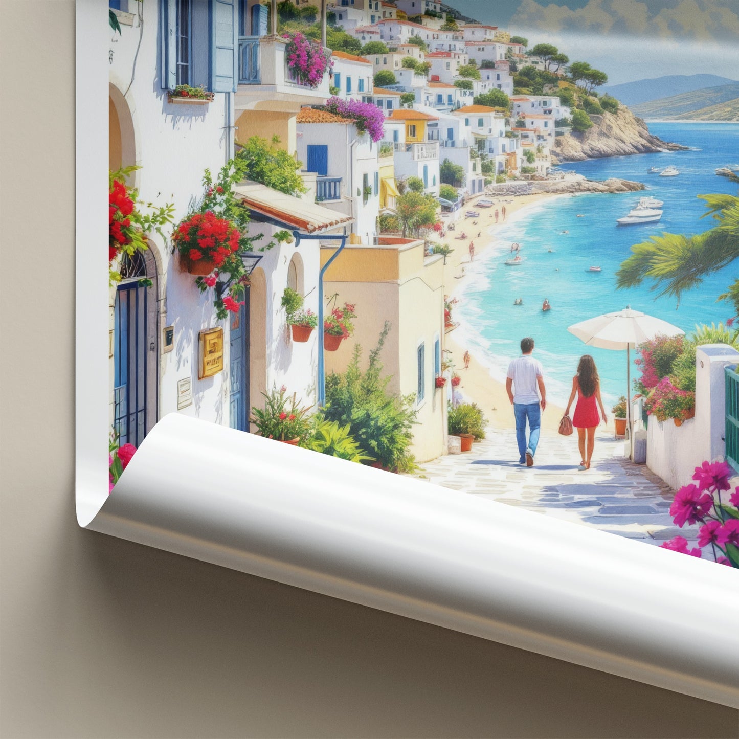 Skiathos Poster - Greece Travel Art - Couple Beachside Mediterranean Home Decor