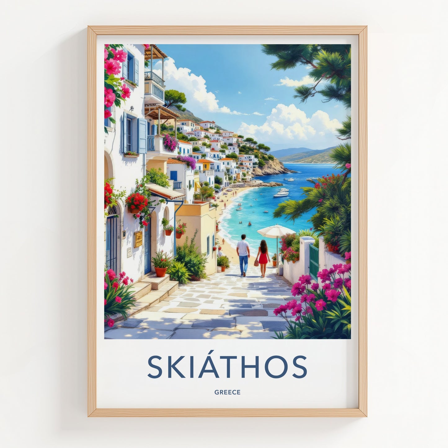 Skiathos Poster - Greece Travel Art - Couple Beachside Mediterranean Home Decor
