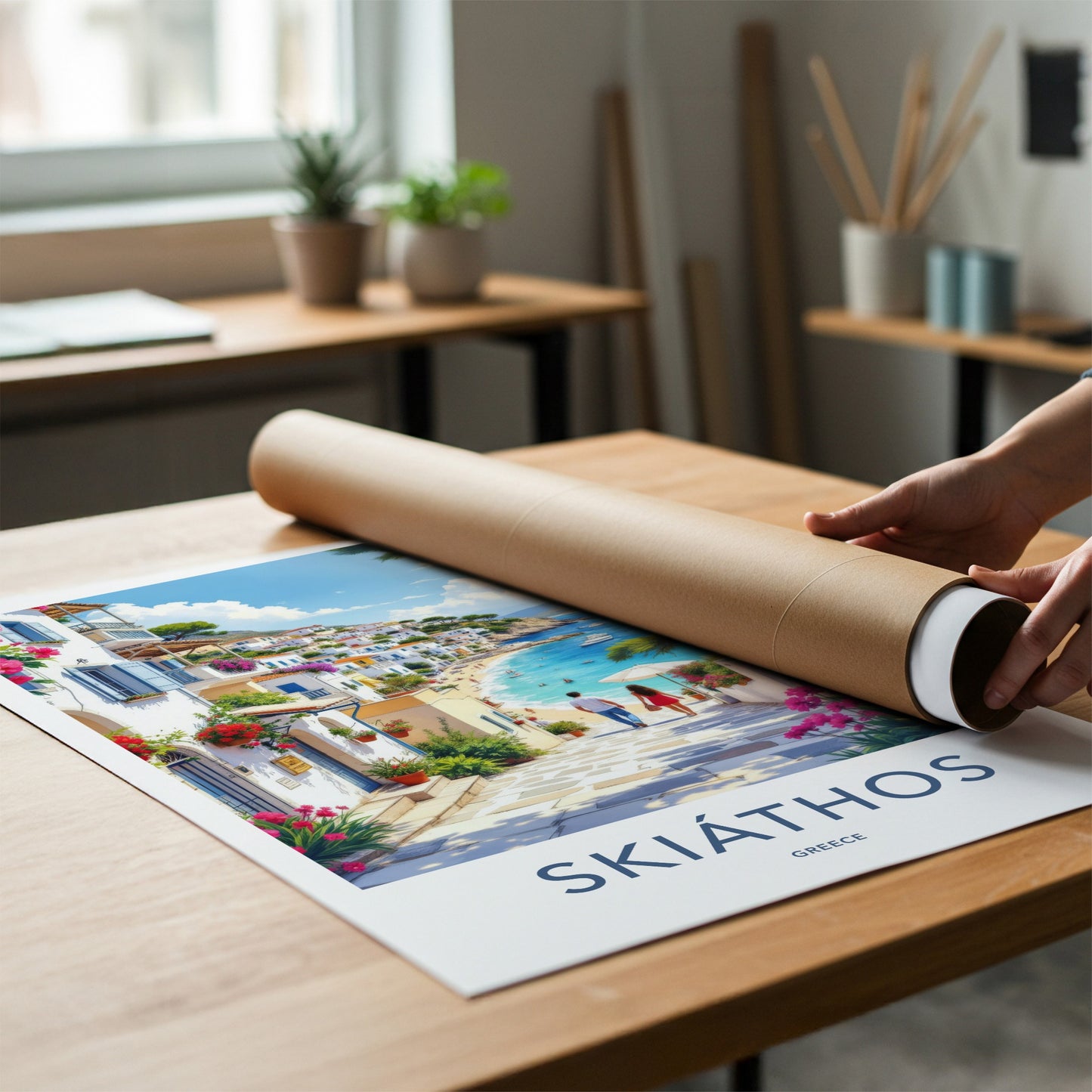 Skiathos Poster - Greece Travel Art - Couple Beachside Mediterranean Home Decor