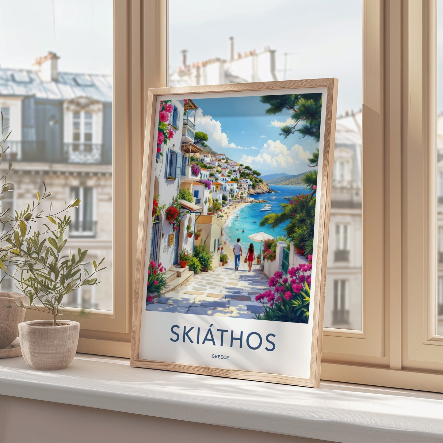 Skiathos Poster - Greece Travel Art - Couple Beachside Mediterranean Home Decor
