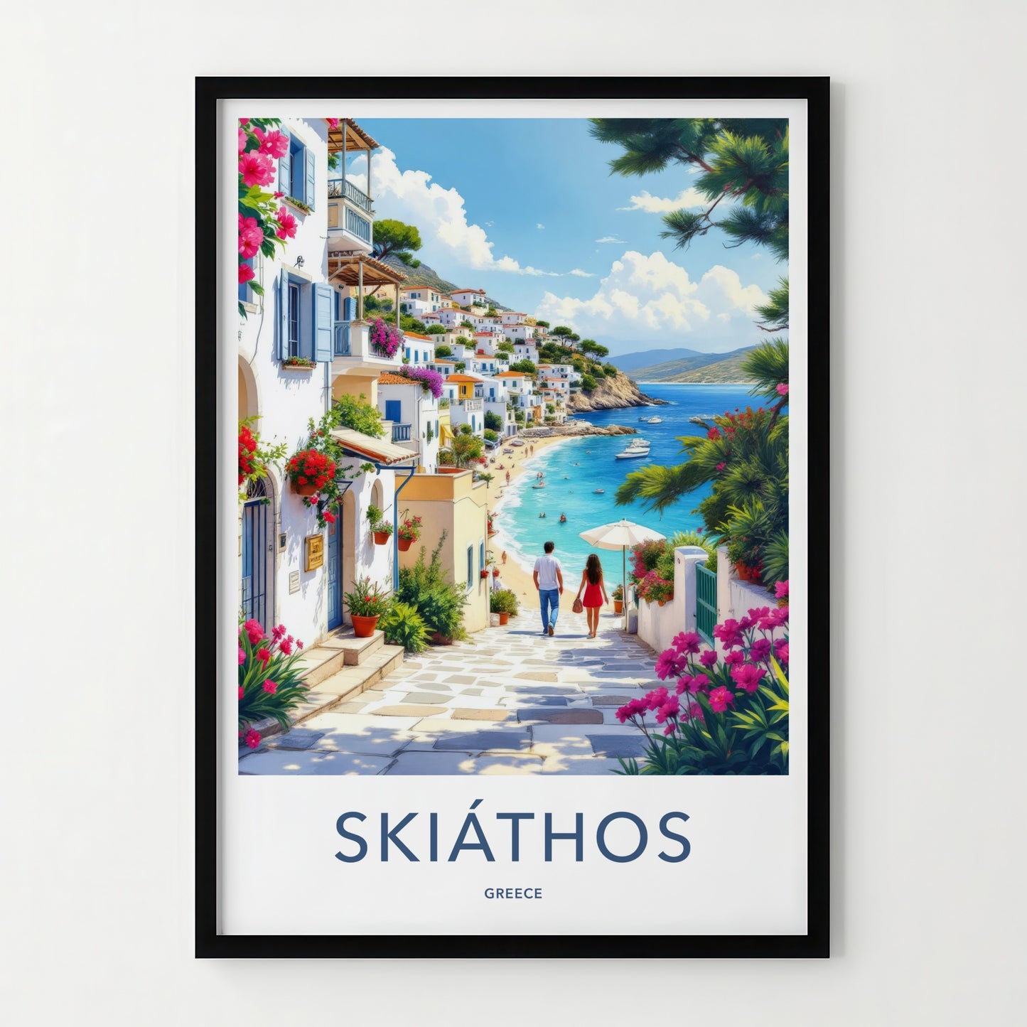 Skiathos Poster - Greece Travel Art - Couple Beachside Mediterranean Home Decor