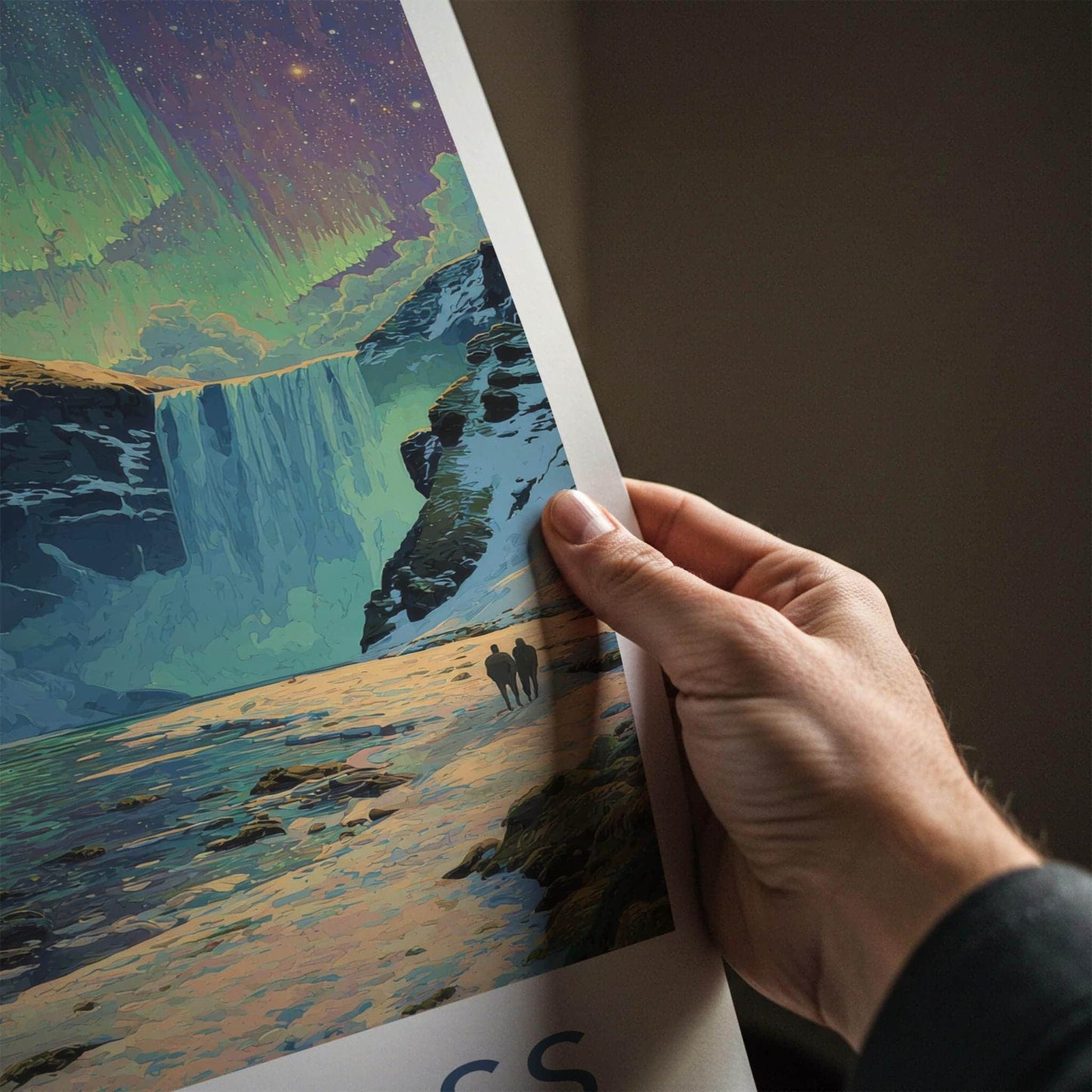 Skogafoss Poster - Iceland Wall Art - Aurora Borealis Falls Home Decor