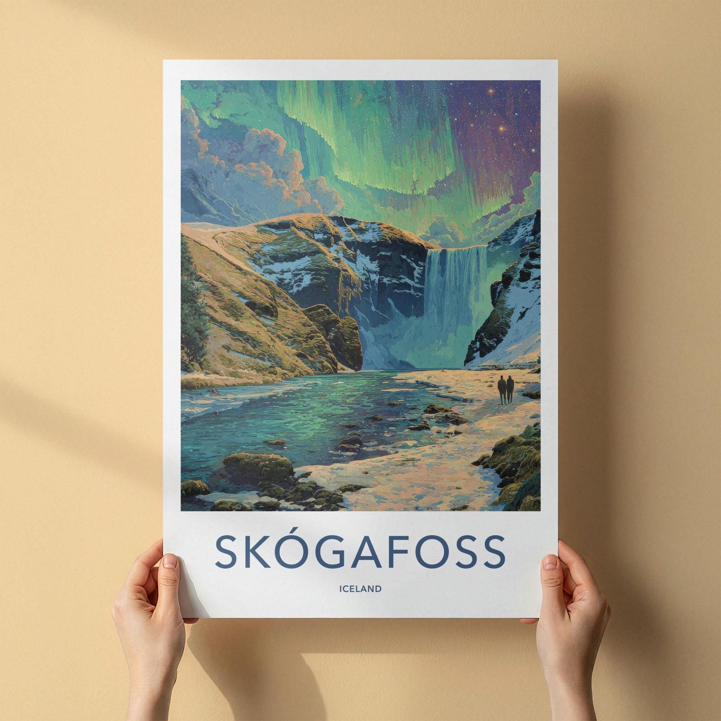 Skogafoss Poster - Iceland Wall Art - Aurora Borealis Falls Home Decor