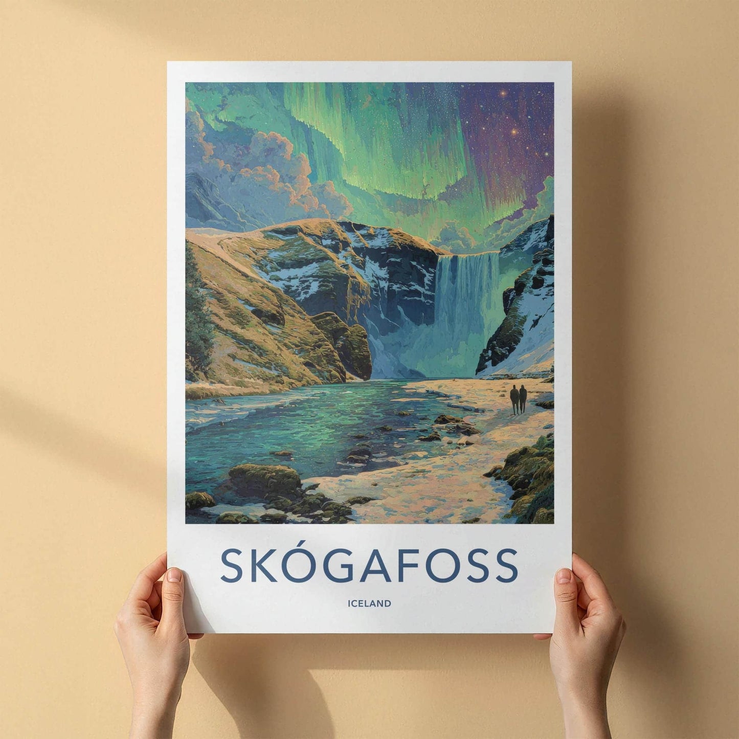 Skogafoss Poster - Iceland Wall Art - Aurora Borealis Falls Home Decor