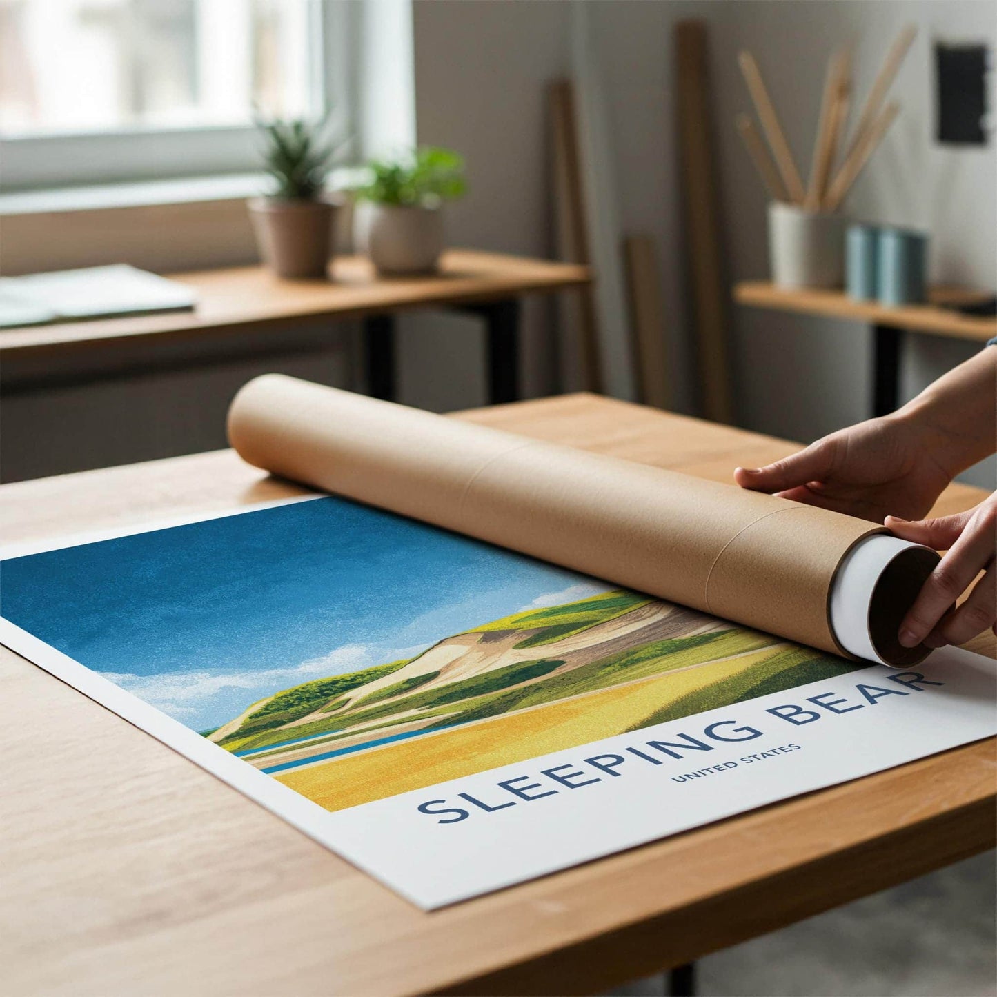 Sleeping Bear Poster - Michigan Travel Art - Lakeshore Sand Dunes Home Decor