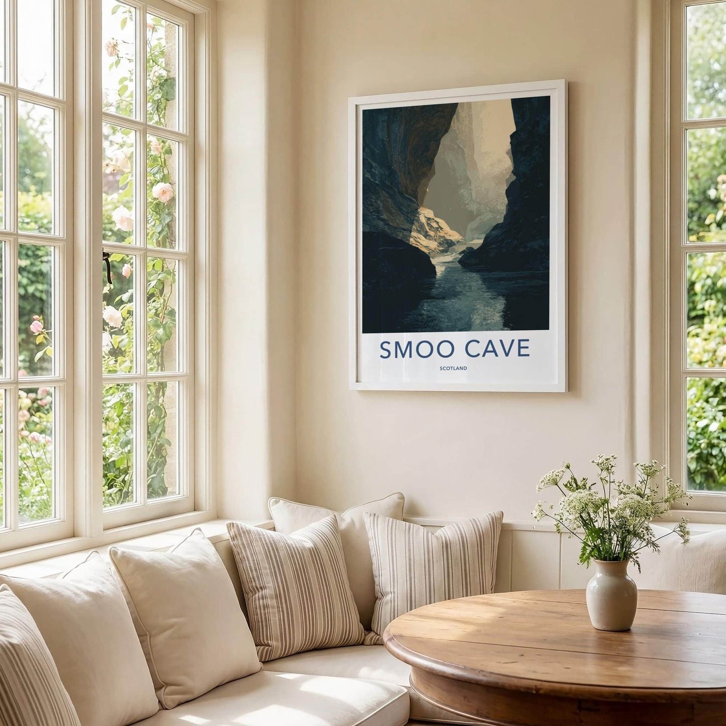 Smoo Cave Poster - Scotland Travel Art - Sunlit Cavern River Home Decor