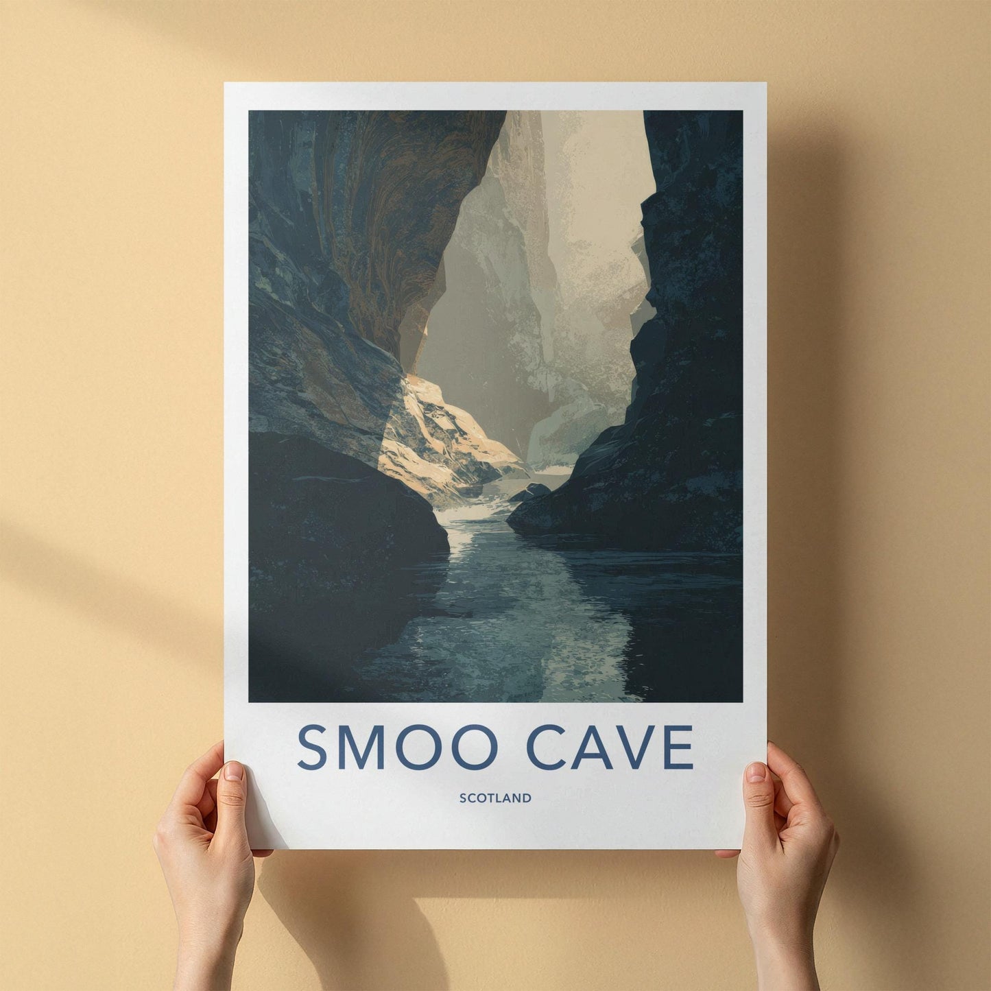 Smoo Cave Poster - Scotland Travel Art - Sunlit Cavern River Home Decor