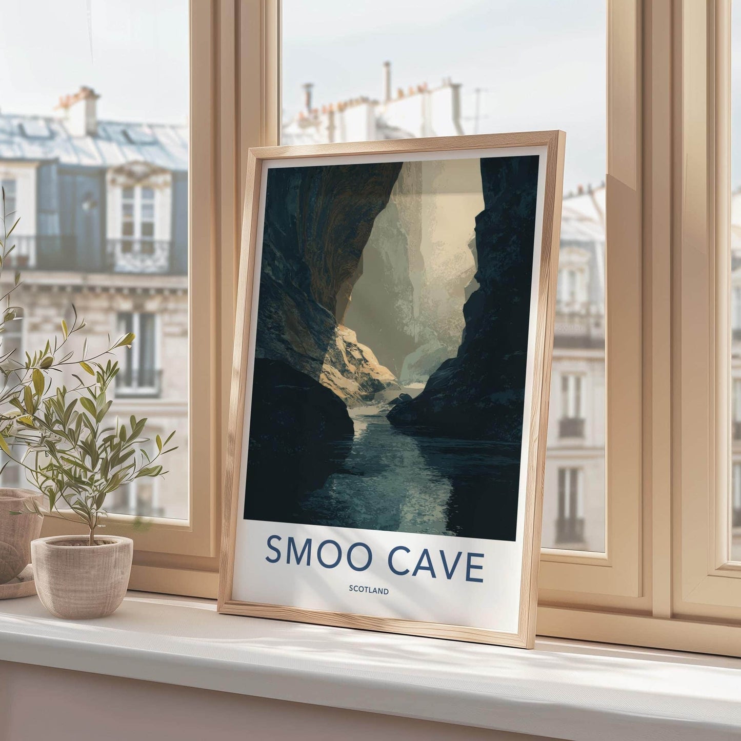 Smoo Cave Poster - Scotland Travel Art - Sunlit Cavern River Home Decor
