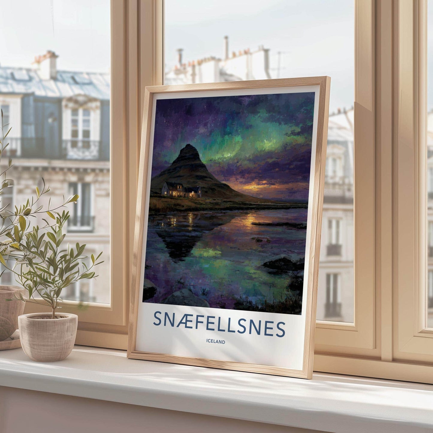 Snaefellsnes Poster - Iceland Travel Art - Aurora Reflected Water Home Decor