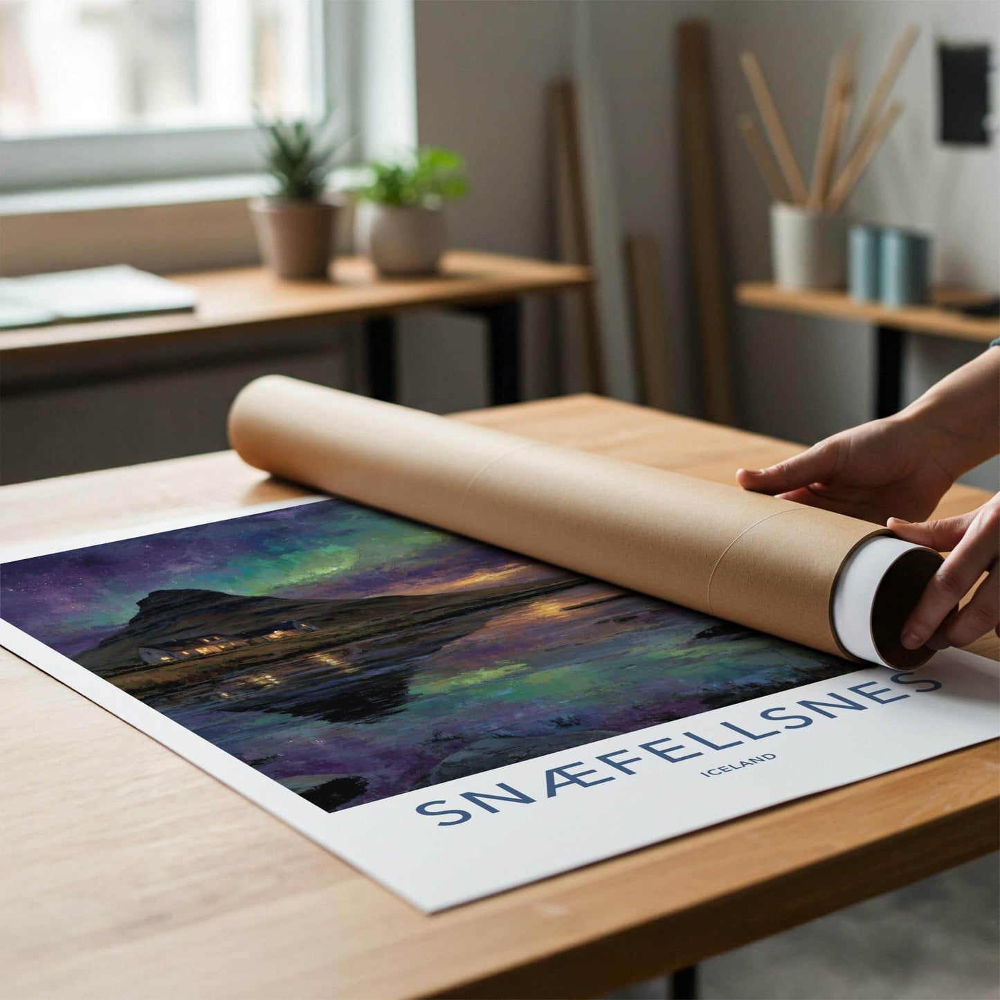 Snaefellsnes Poster - Iceland Travel Art - Aurora Reflected Water Home Decor