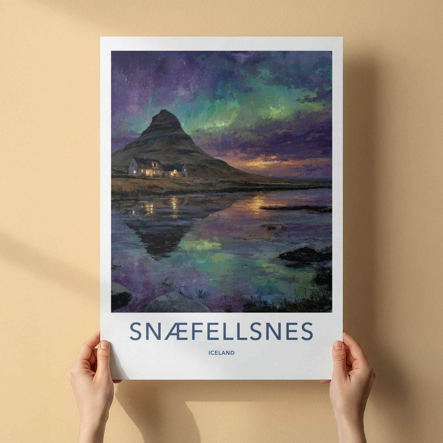 Snaefellsnes Poster - Iceland Travel Art - Aurora Reflected Water Home Decor