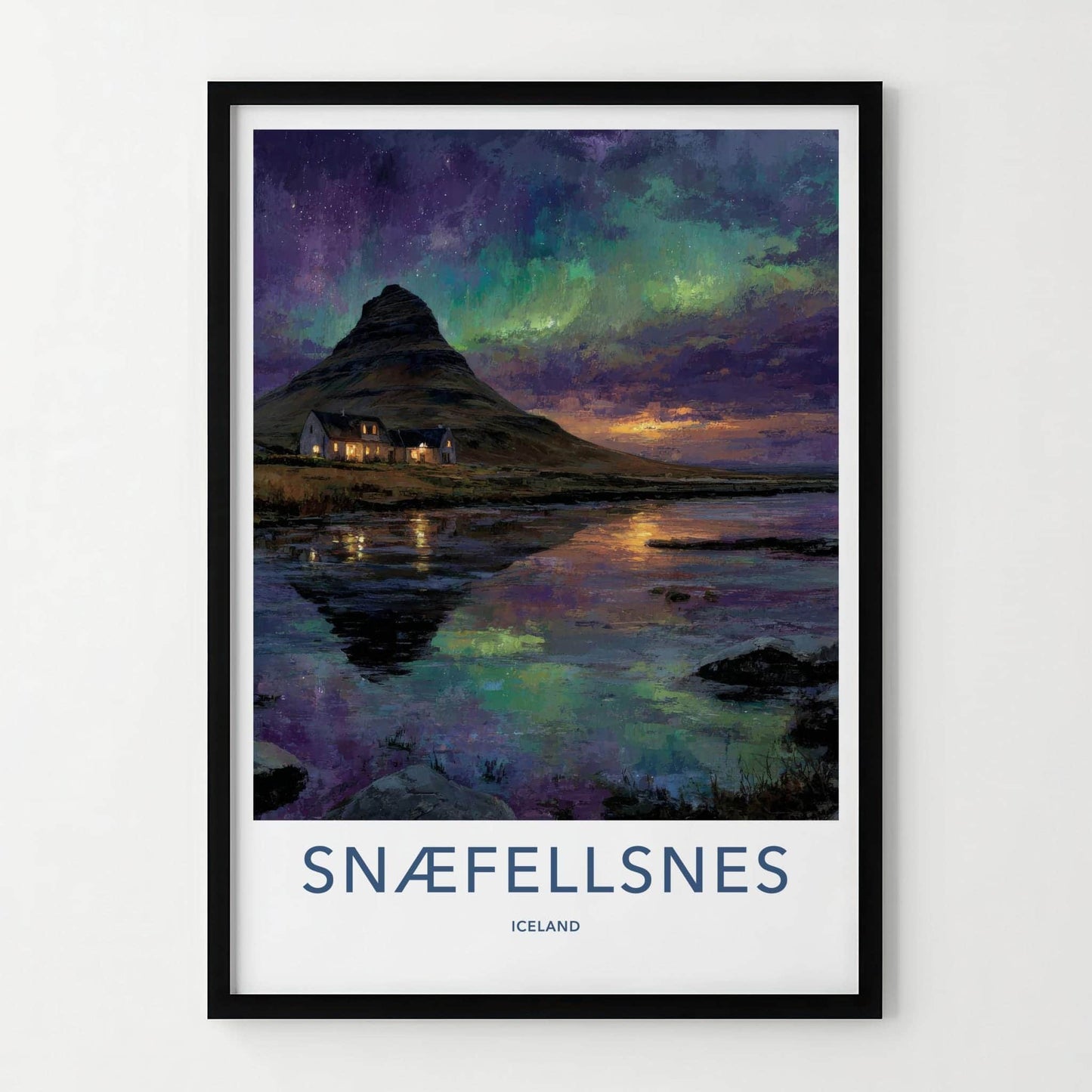 Snaefellsnes Poster - Iceland Travel Art - Aurora Reflected Water Home Decor