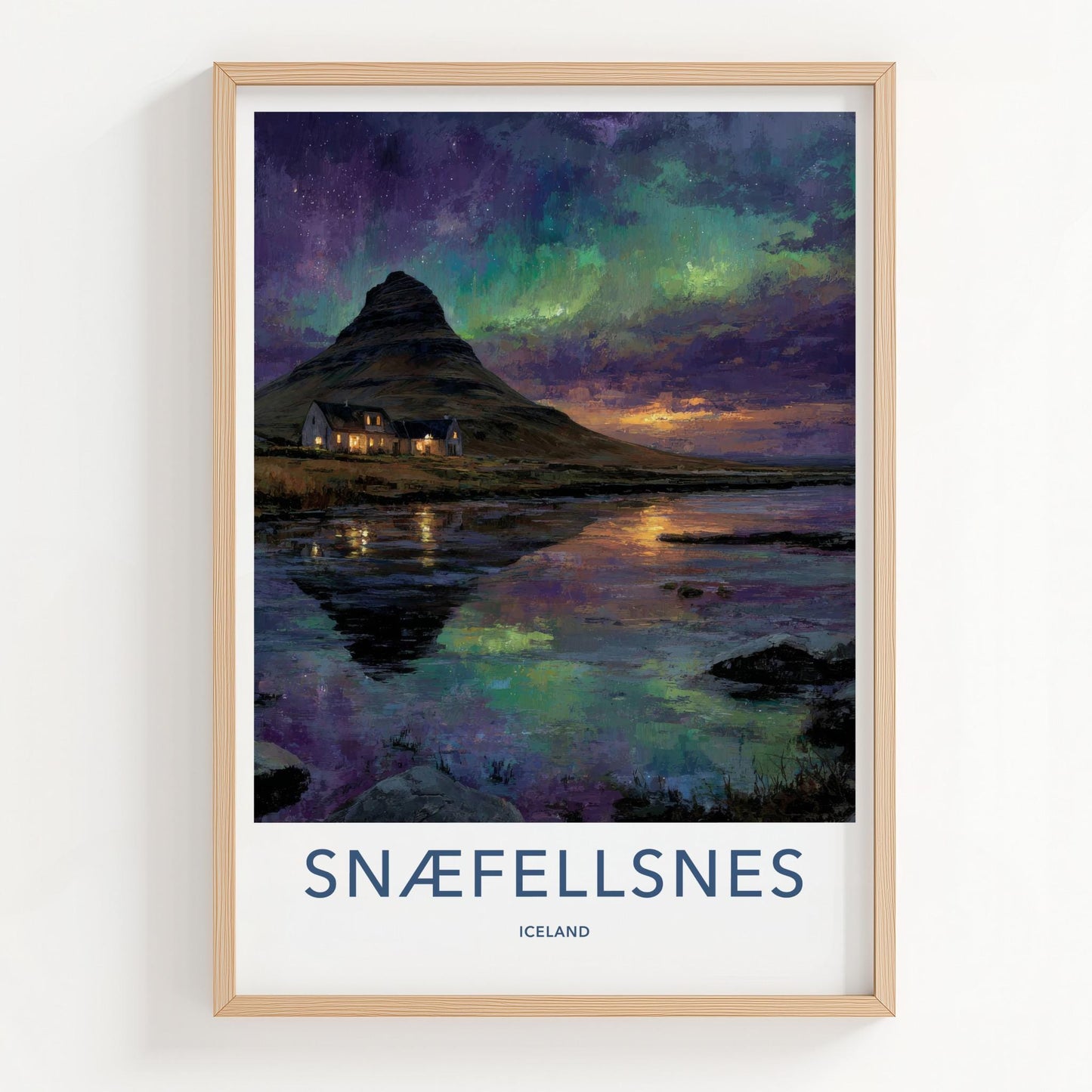 Snaefellsnes Poster - Iceland Travel Art - Aurora Reflected Water Home Decor