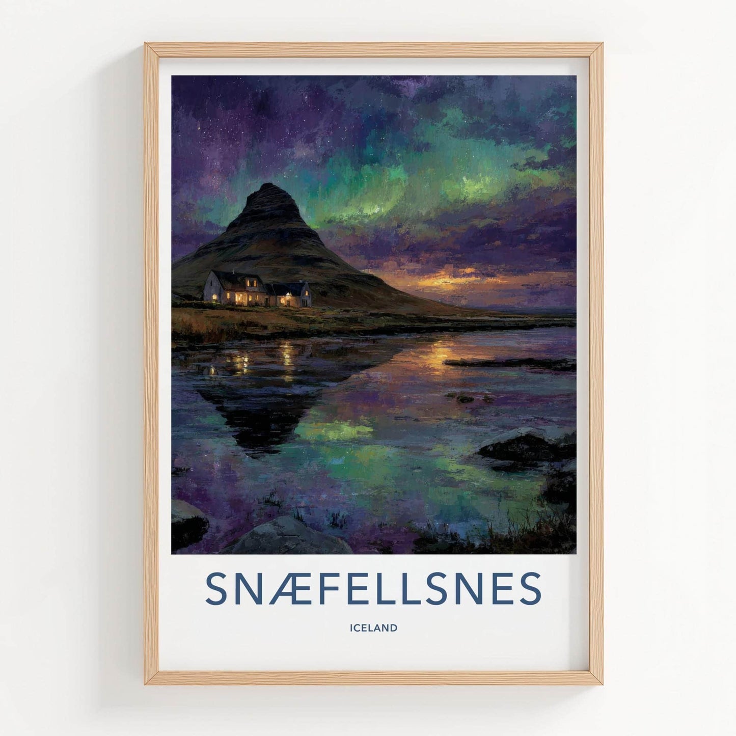 Snaefellsnes Poster - Iceland Travel Art - Aurora Reflected Water Home Decor