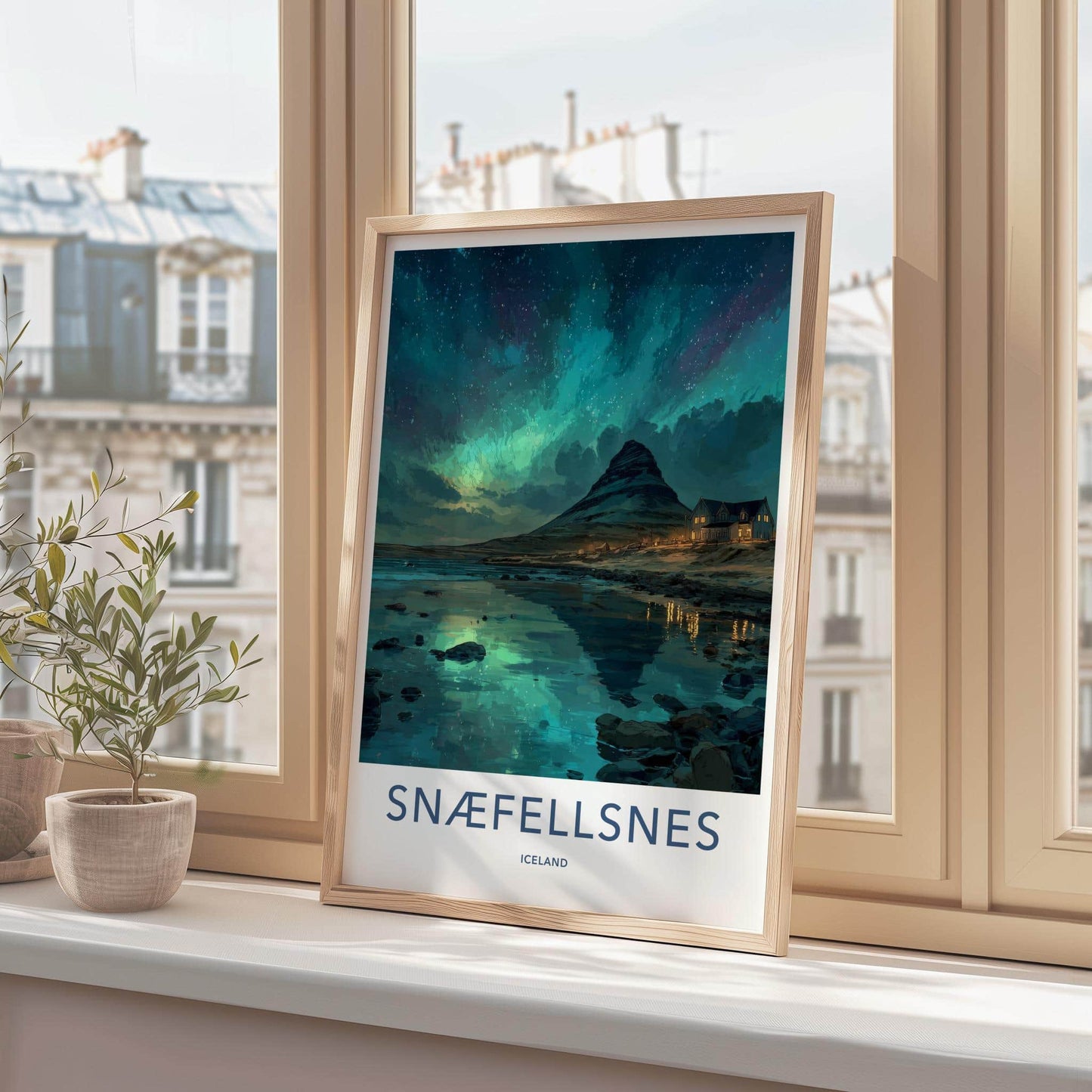 Snaefellsnes Poster - Iceland Travel Art - Mountain Aurora Reflection Home Decor