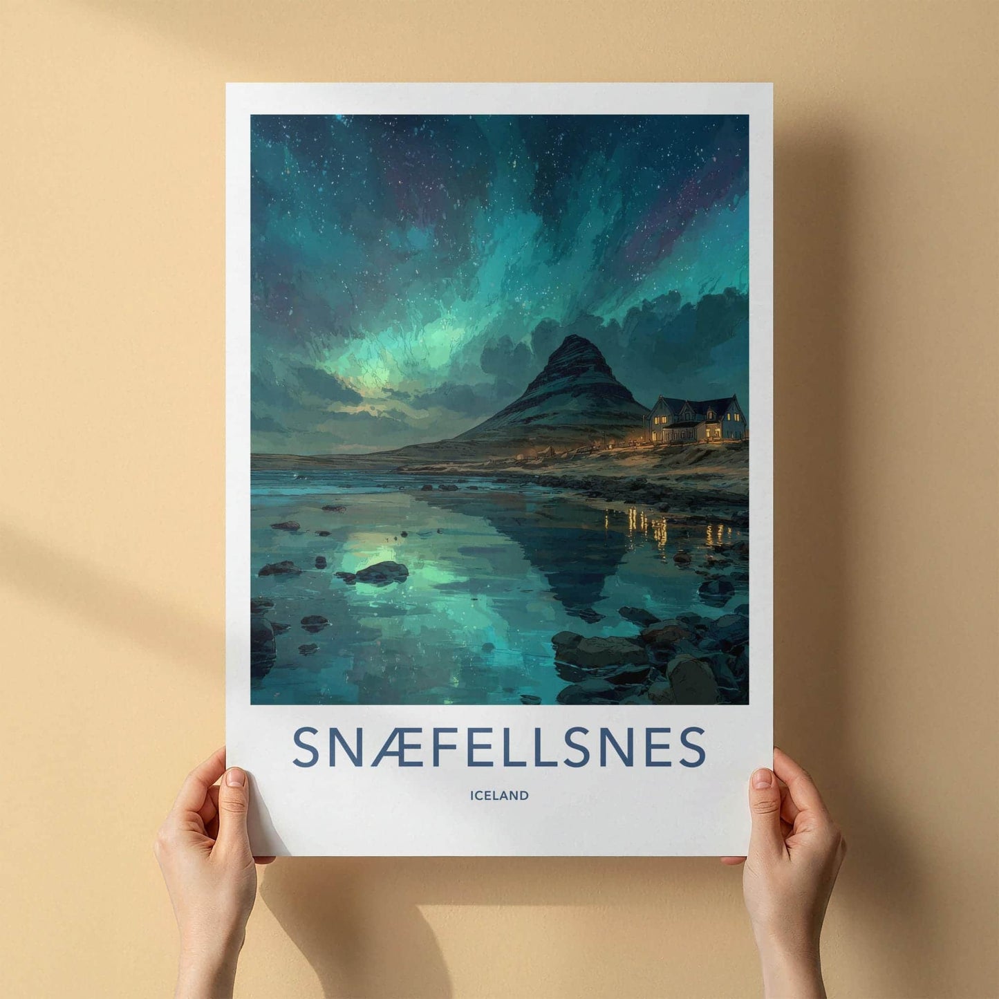 Snaefellsnes Poster - Iceland Travel Art - Mountain Aurora Reflection Home Decor